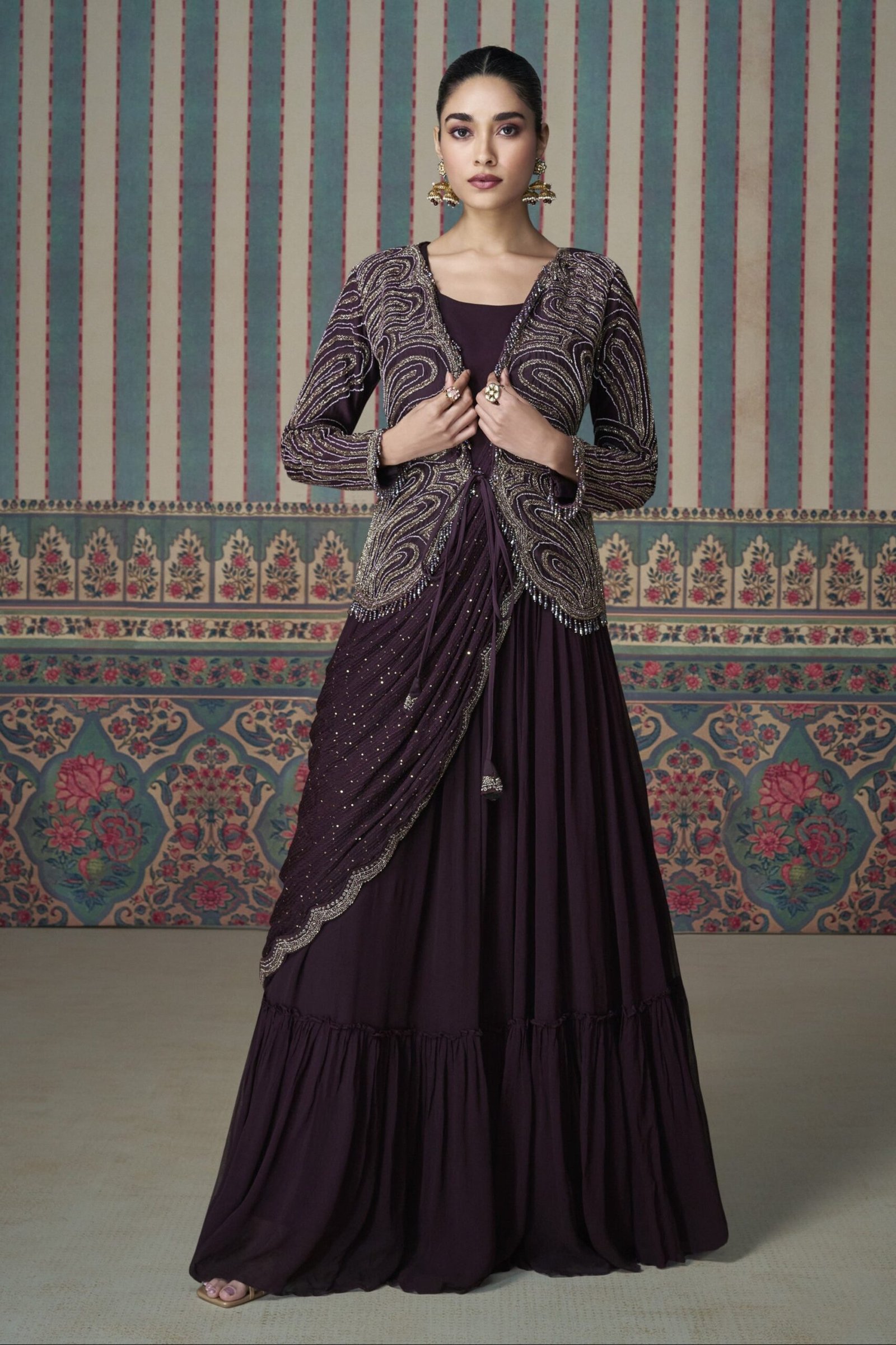 Wedding Reception Party Wear Wine Anarkali Suit