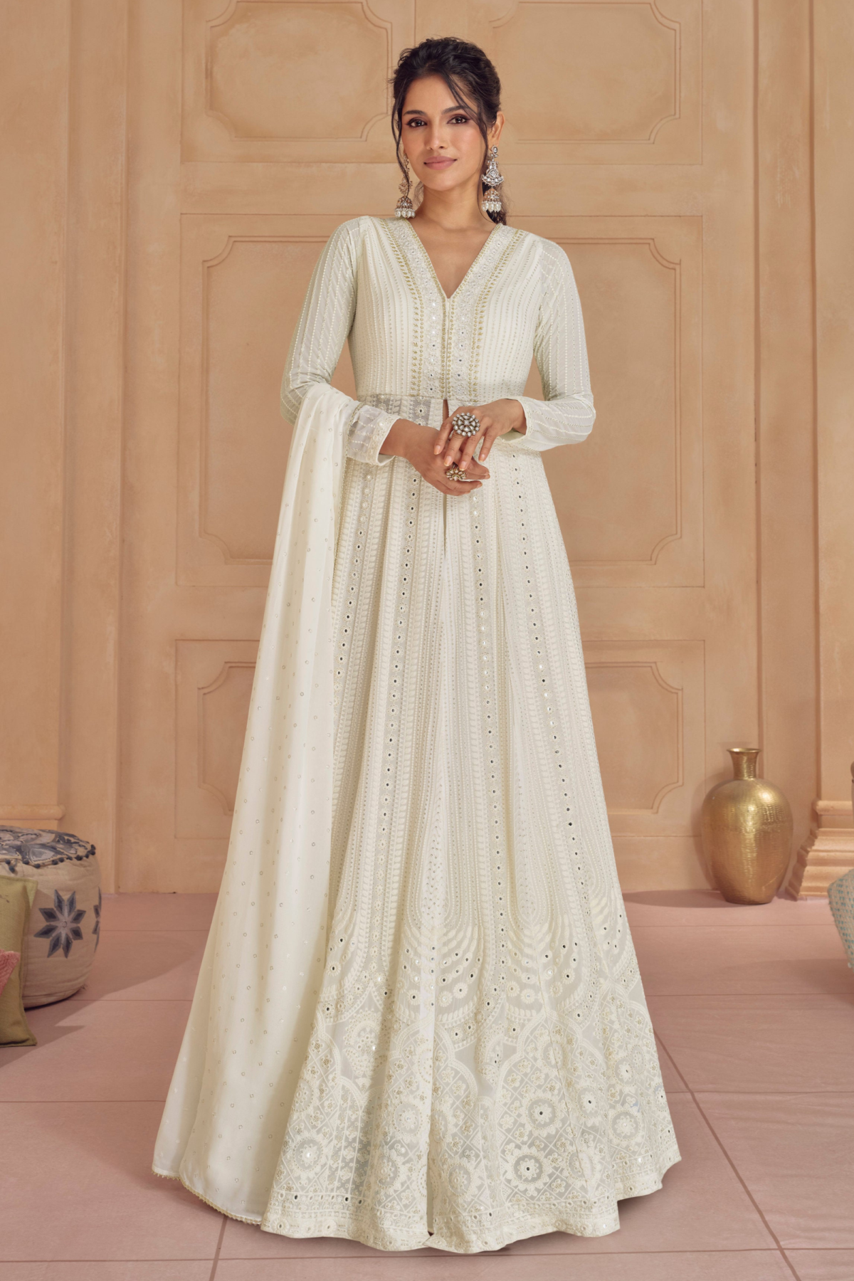 White Anarkali Gown For Eid-Ramadan Special Party Wear Suit
