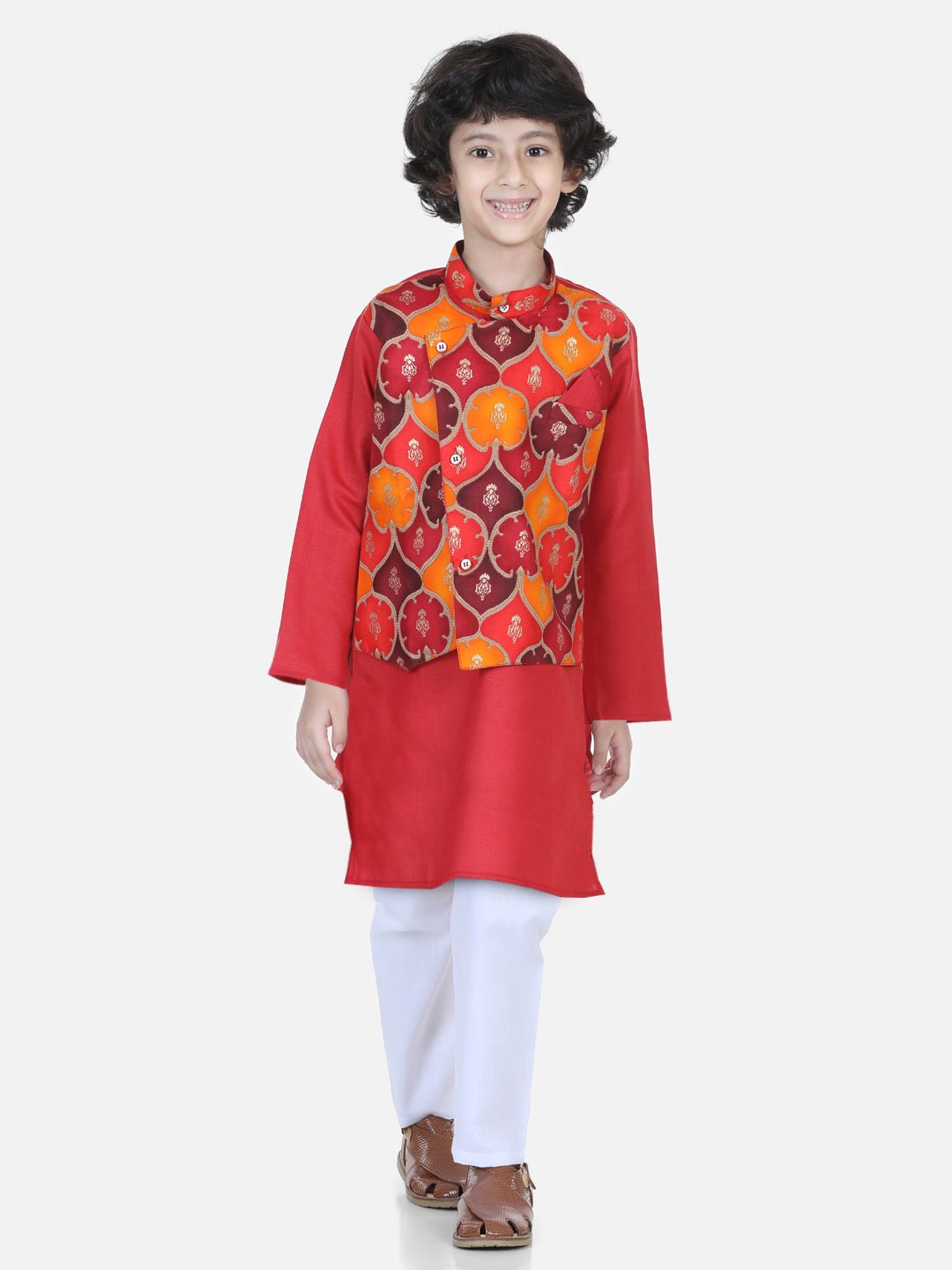 Fast Wear Full Sleeves Ethnic Motif Printed Kurta With Attached Jacket & Pajama Set