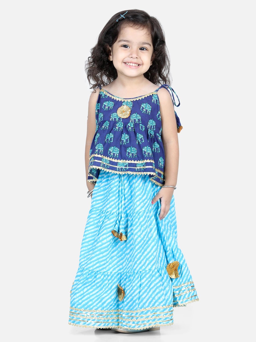 Fast Wear Sleeveless Elephant Print Top With Leheriya Design Lehenga Sets
