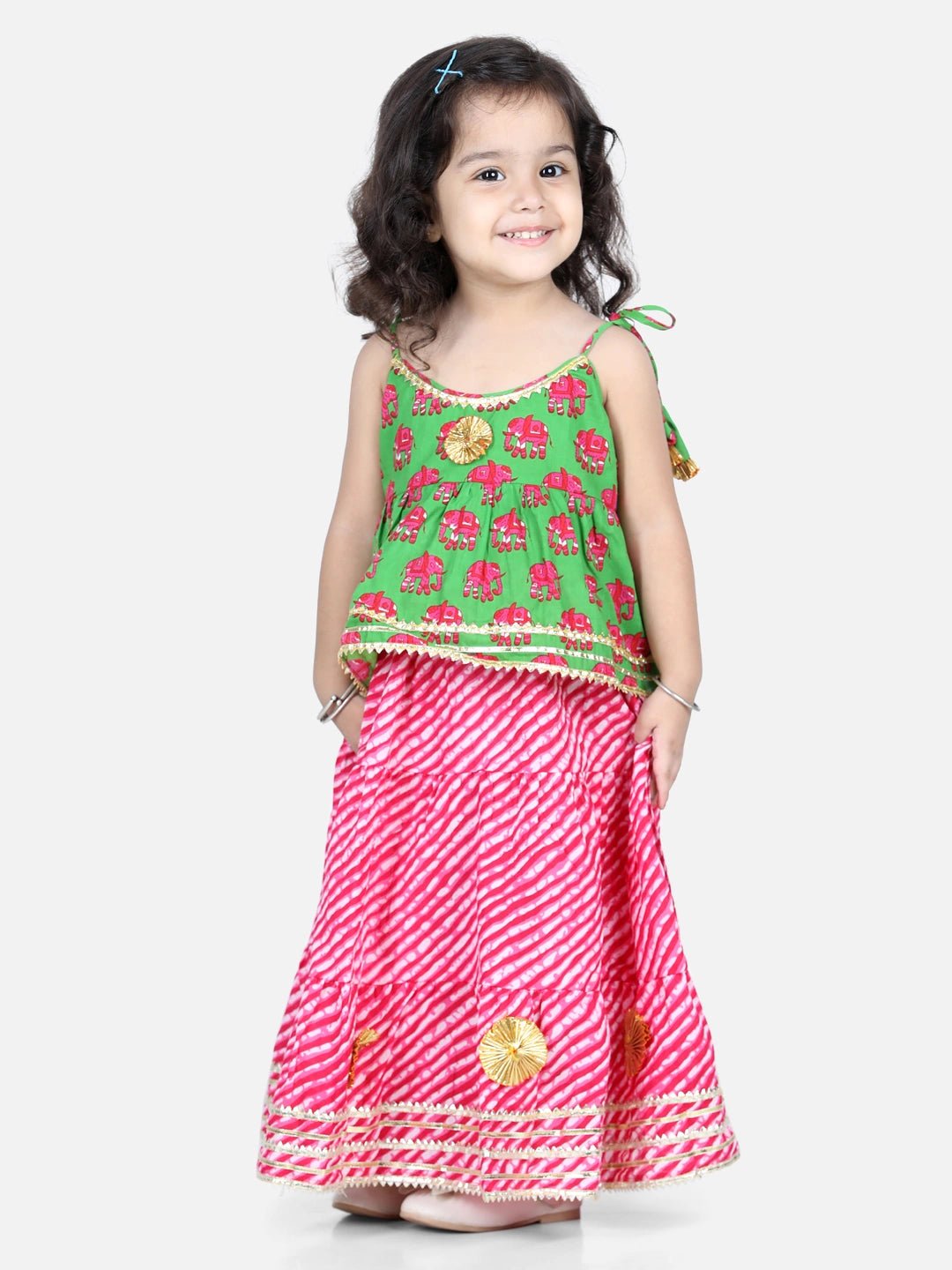 Fast Wear Sleeveless Elephant Print Top With Leheriya Design Lehenga Sets