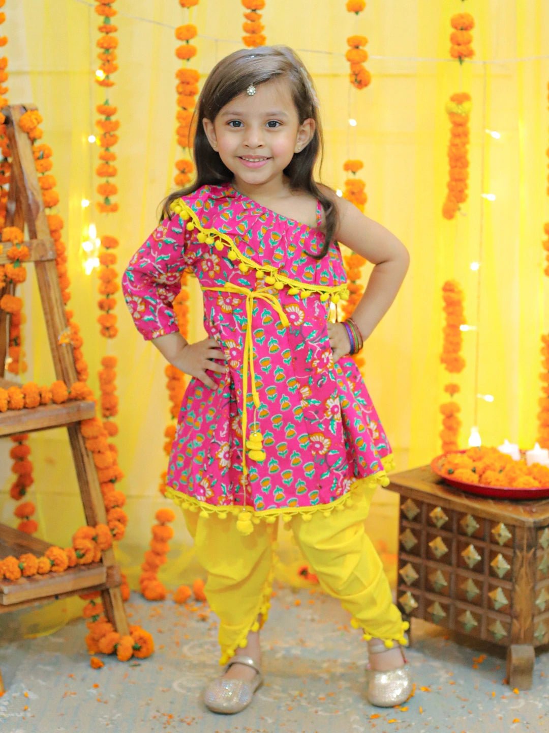 Fast Wear Girls  Pure Cotton Printed One Sleeve Ruffle Kurti with Dhoti