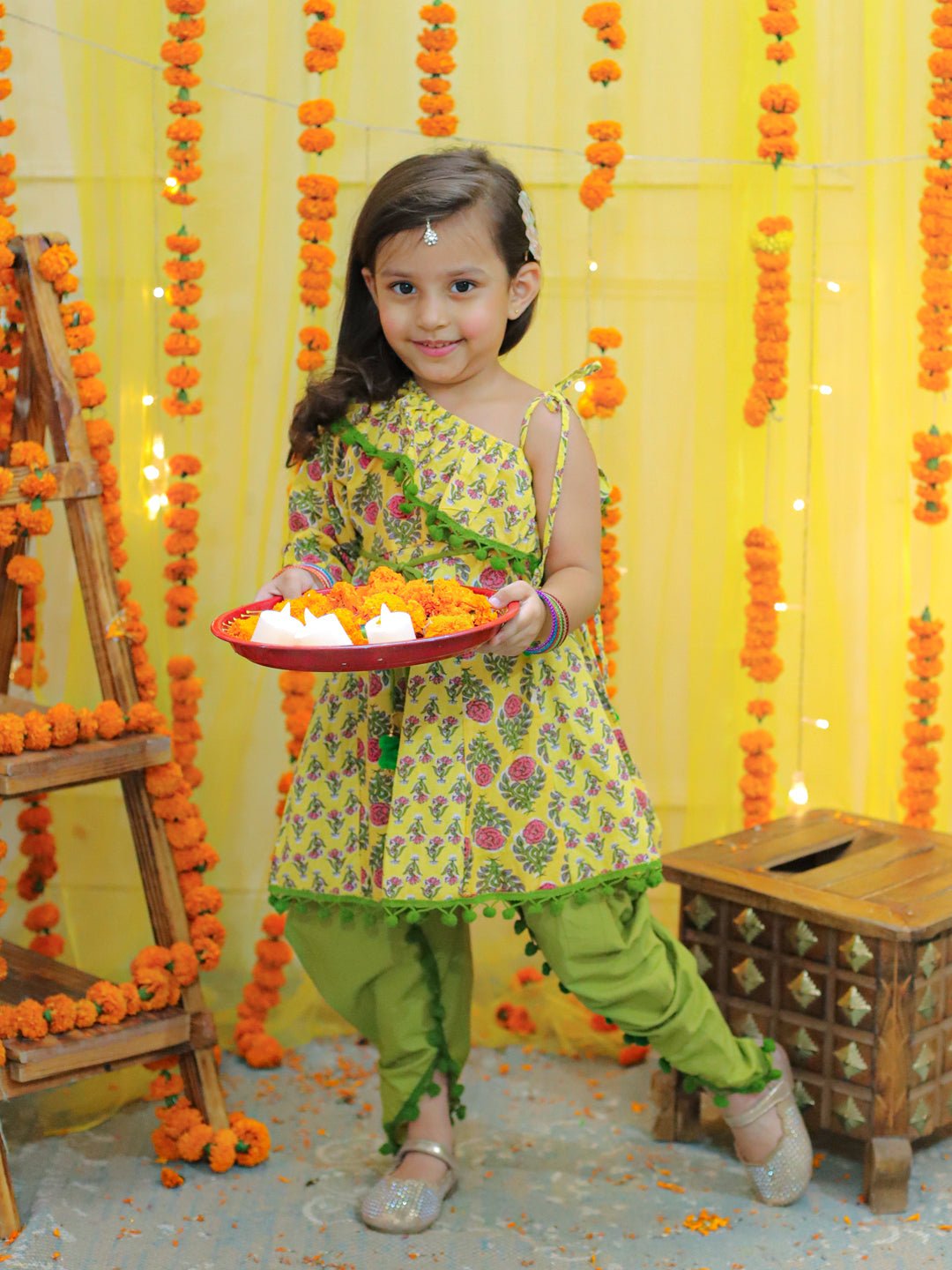 Fast Wear Girls  Pure Cotton Printed One Sleeve Ruffle Kurti with Dhoti