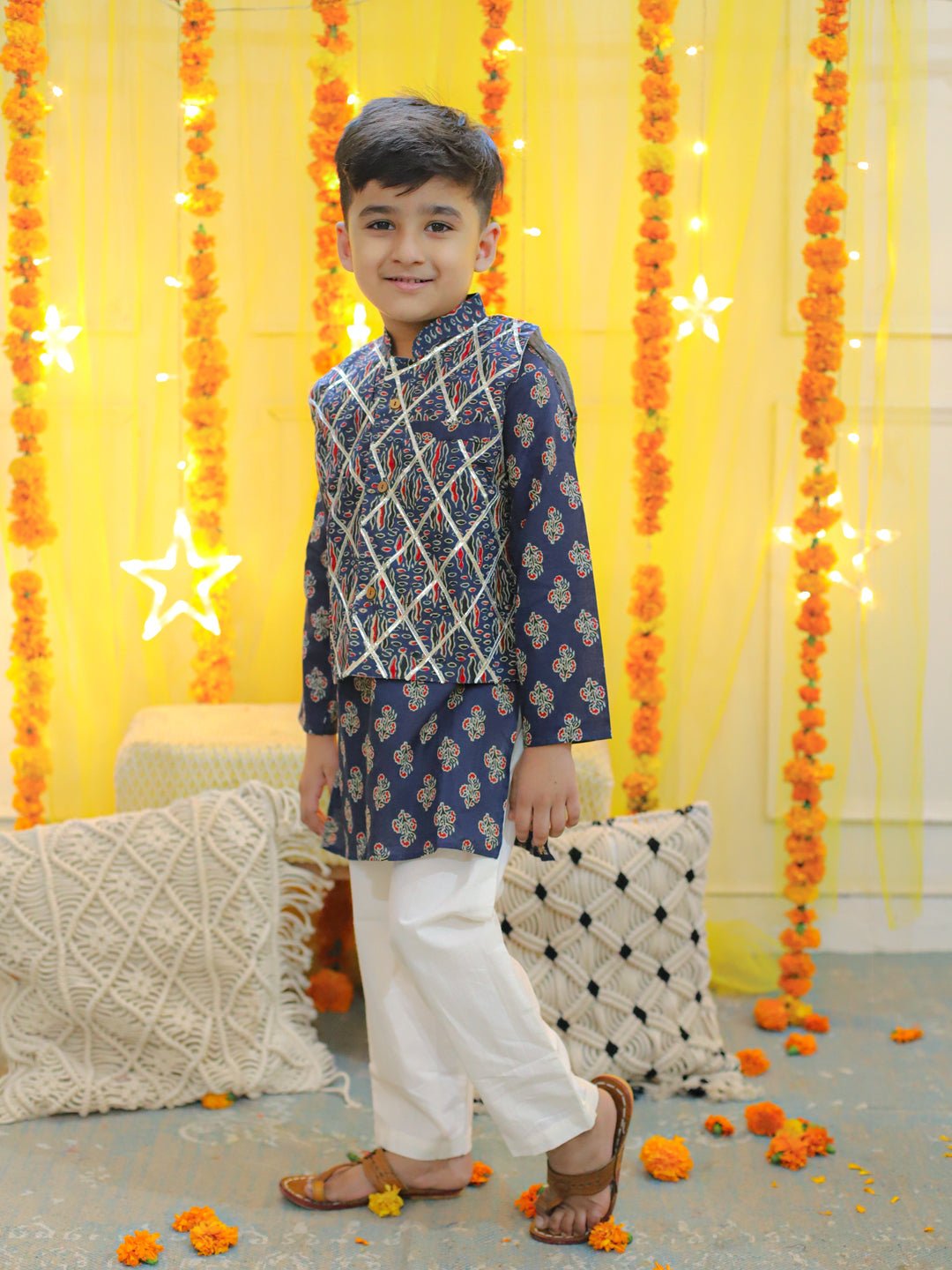 Fast Wear Boys Pure Cotton Printed Kurta Pajama with Jacket