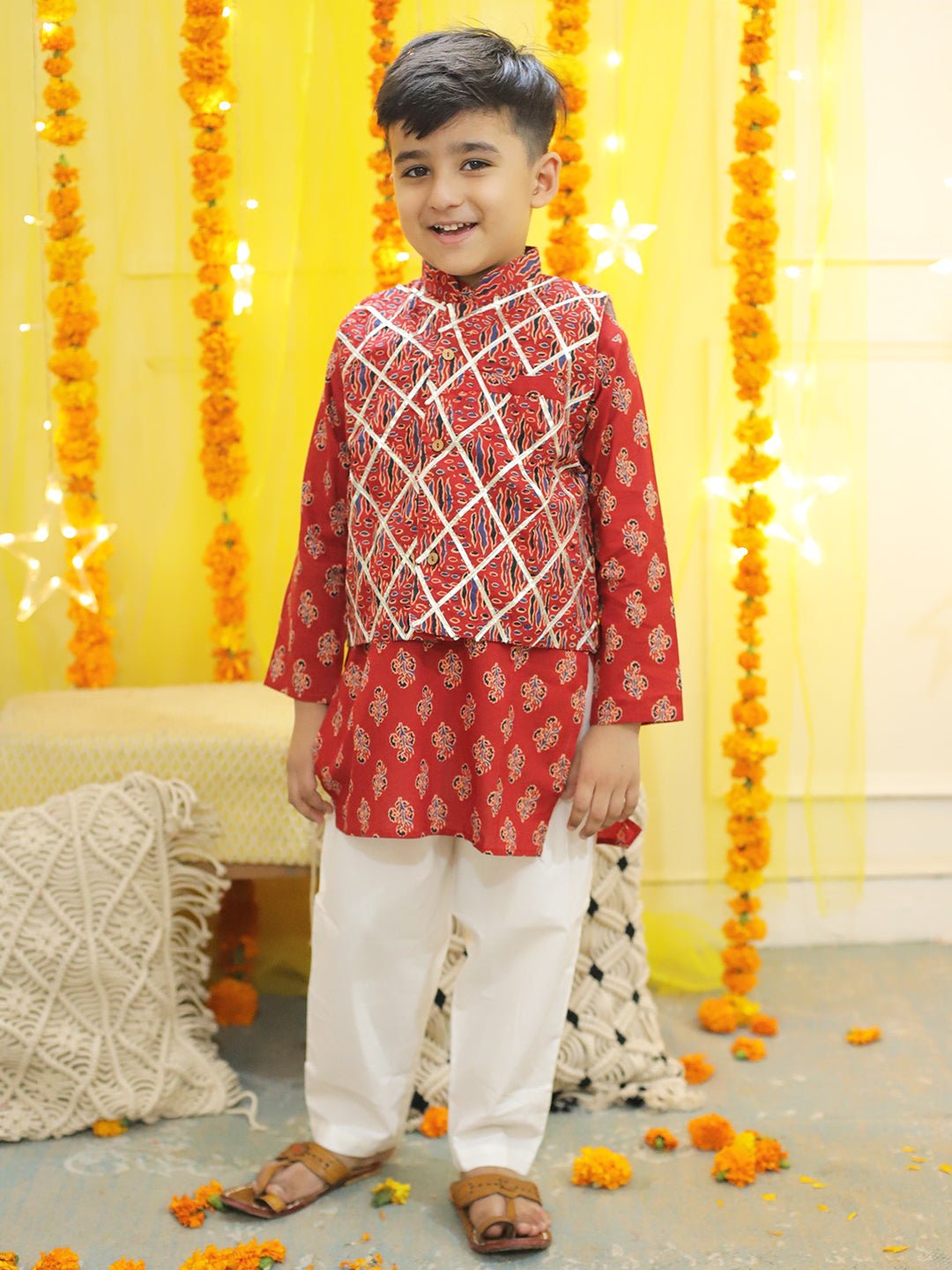 Fast Wear Boys Pure Cotton Printed Kurta Pajama with Jacket