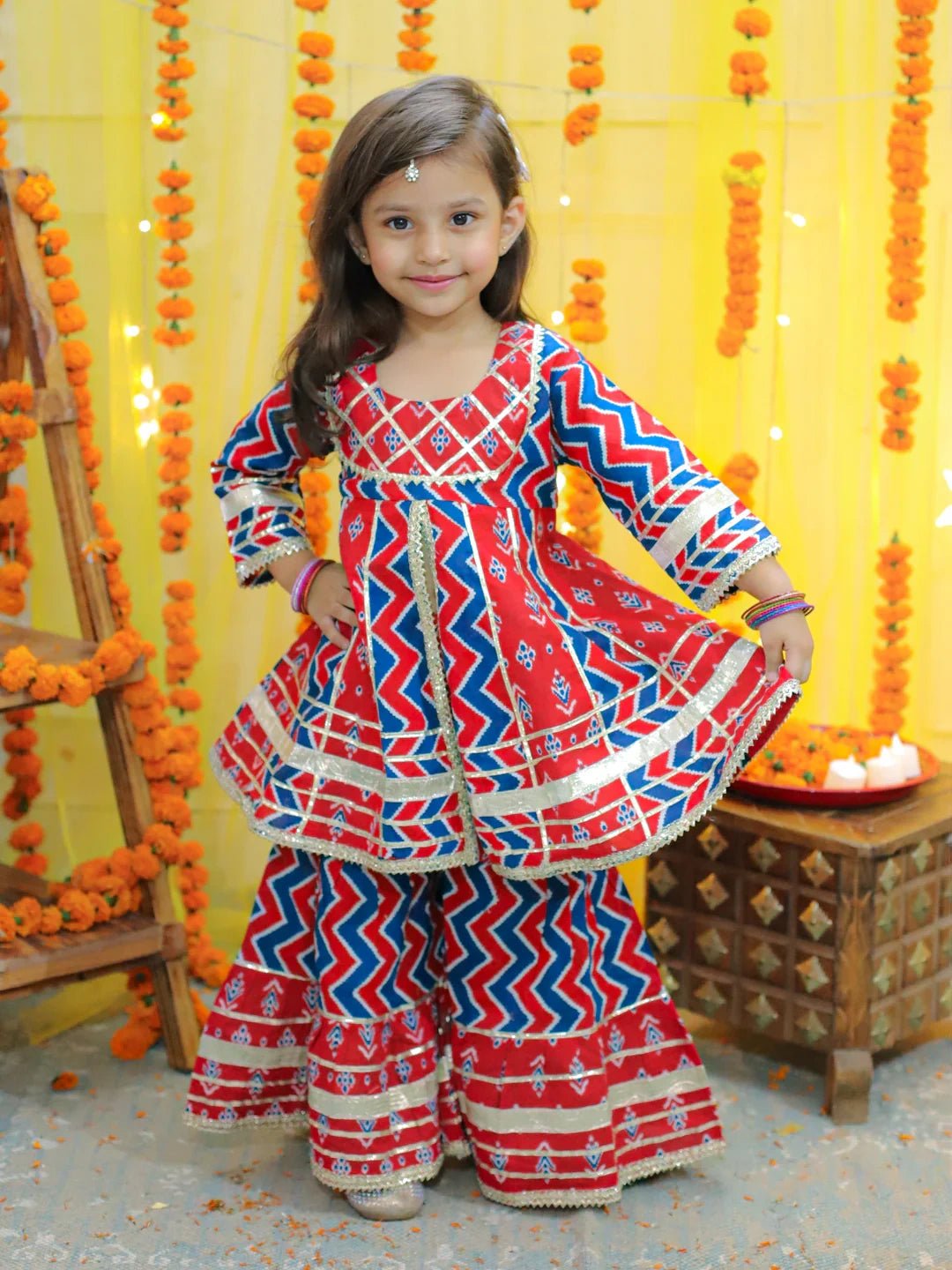 Fast Wear Girls Ethnic Festive Wear Pure Cotton Printed  with Gotta patti Kurta Sharara