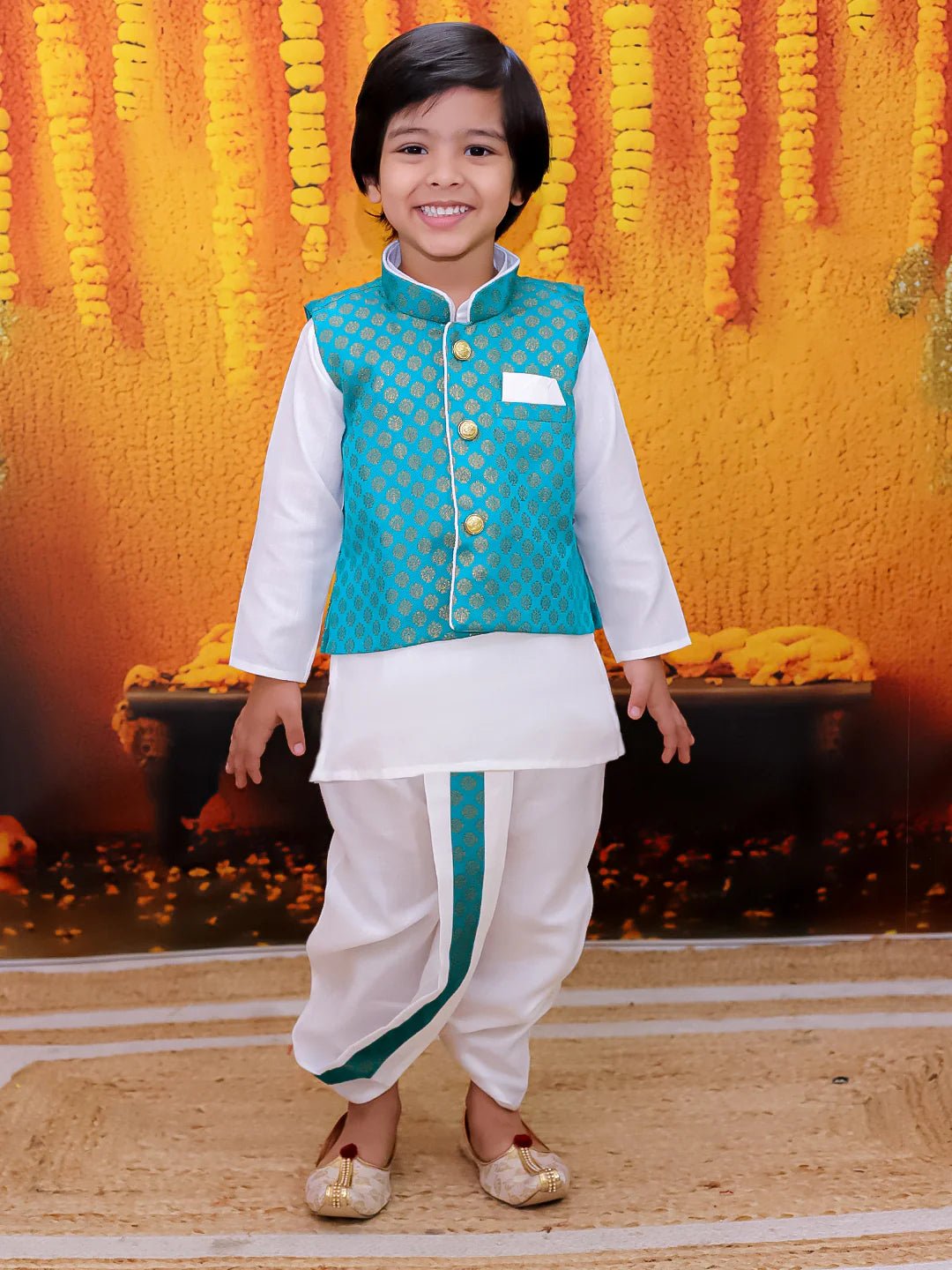 Fast Wear Full Sleeve Dhoti Kurta with Jacquard Jacket Set for Boys