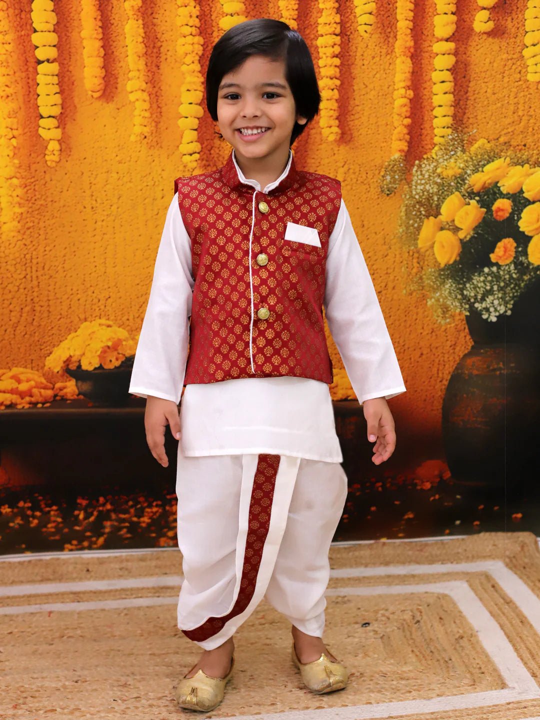 Fast Wear Full Sleeve Dhoti Kurta with Jacquard Jacket Set for Boys