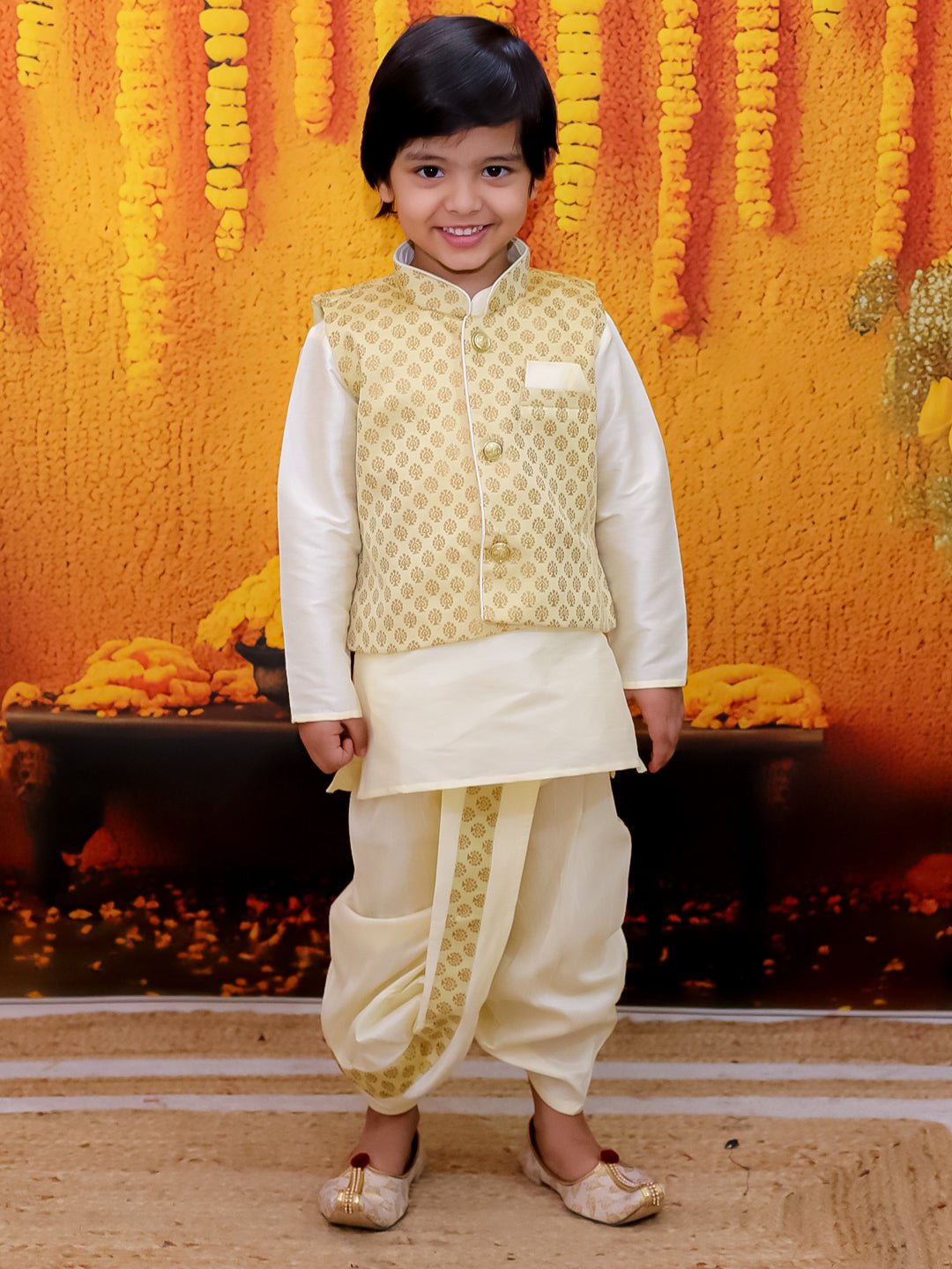 Fast Wear Full Sleeve Dhoti Kurta with Jacquard Jacket Set for Boys