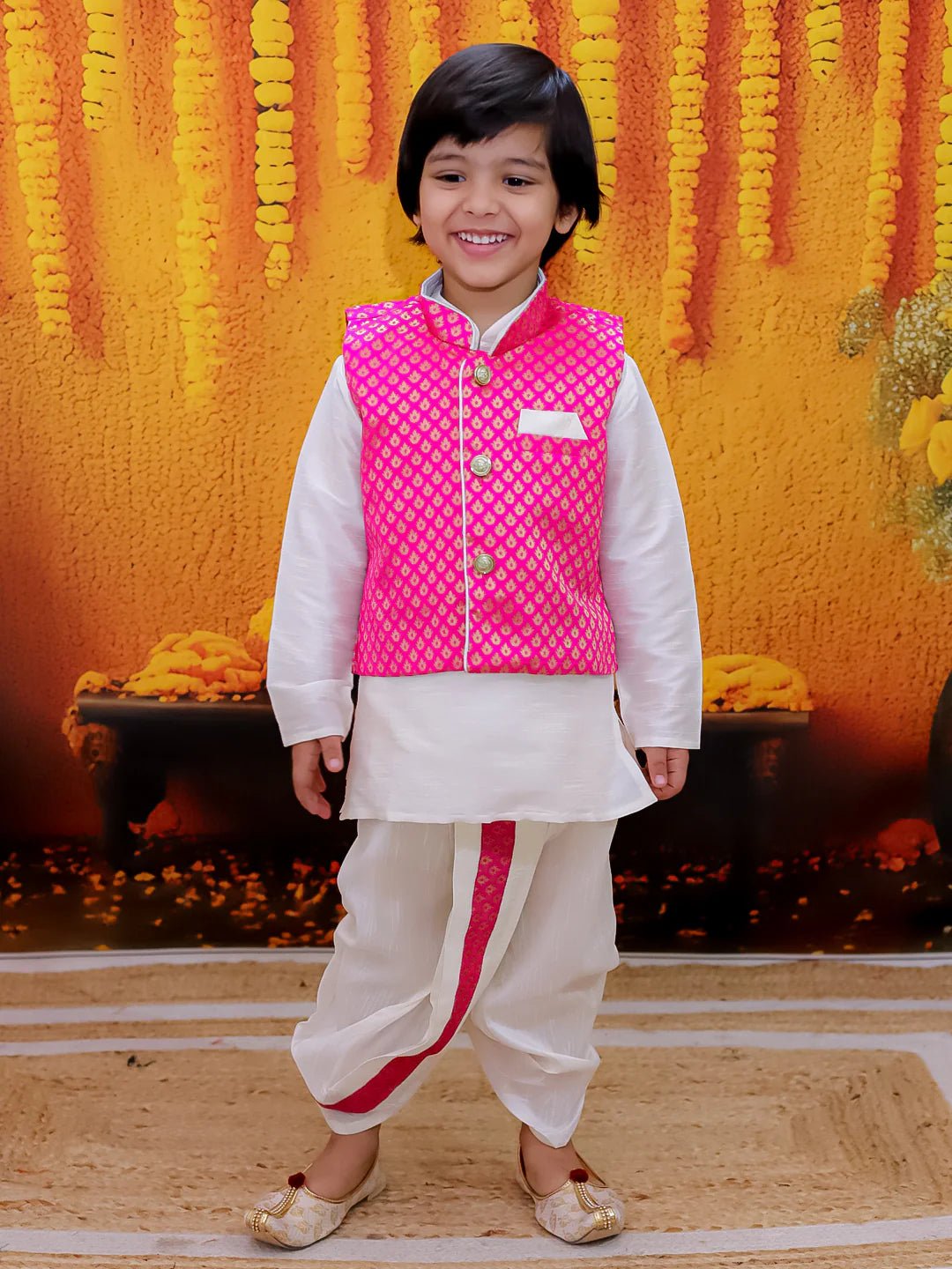 Fast Wear Full Sleeve Dhoti Kurta with Jacquard Jacket Set for Boys