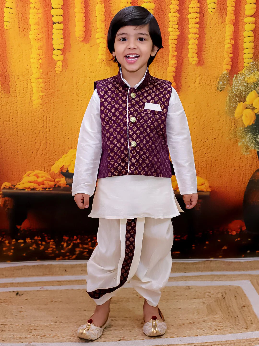 Fast Wear Full Sleeve Dhoti Kurta with Jacquard Jacket Set for Boys