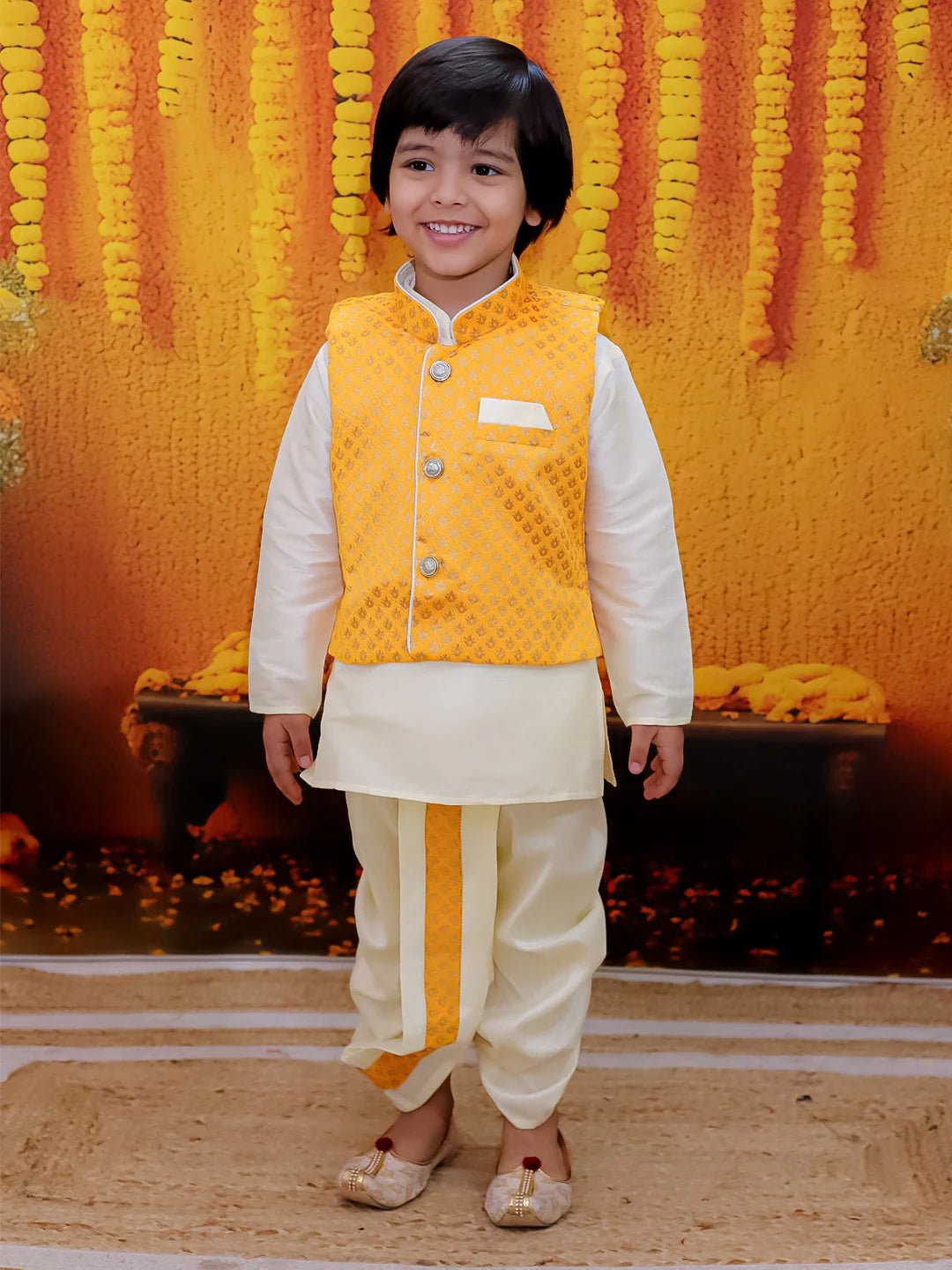 Fast Wear Full Sleeve Dhoti Kurta with Jacquard Jacket Set for Boys