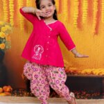 Fast Wear Pure Cotton Embroidered Top with Printed Dhoti For Girls