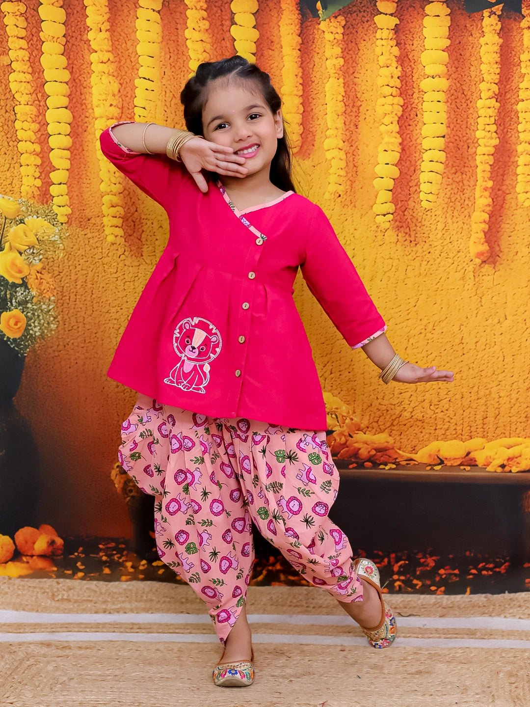 Fast Wear Pure Cotton Embroidered Top with Printed Dhoti For Girls
