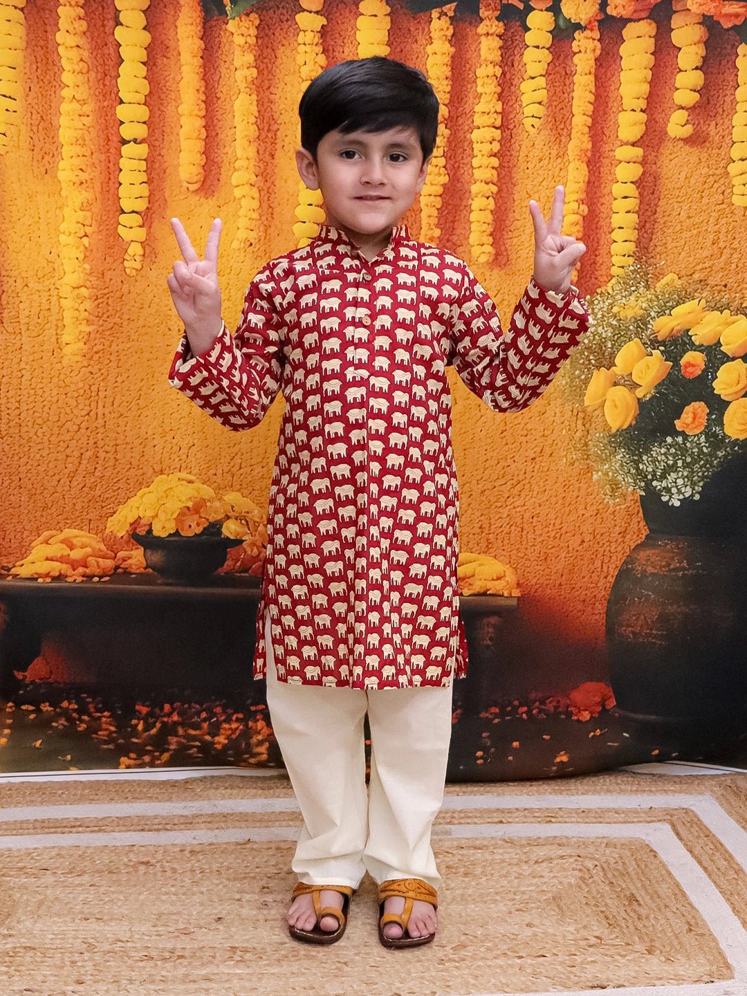 Fast Wear Pure Cotton Hathi Print Kurta Pajama for Boys