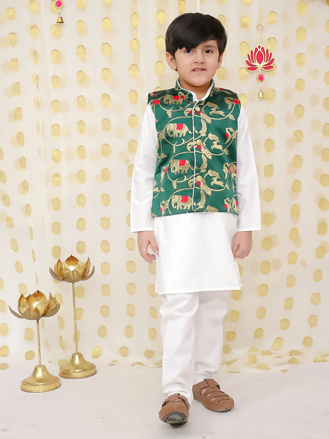 Fast Wear Pure Cotton Kurta Pajama with Jacquard Jacket Set for Boys