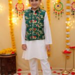 Fast Wear Pure Cotton Kurta Pajama with Jacquard Jacket Set for Boys
