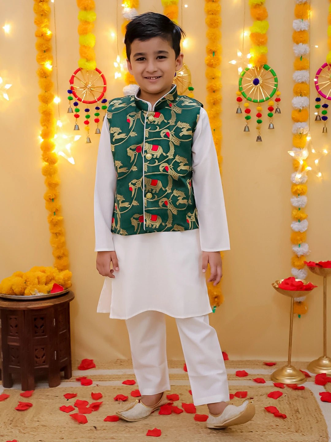 Fast Wear Pure Cotton Kurta Pajama with Jacquard Jacket Set for Boys