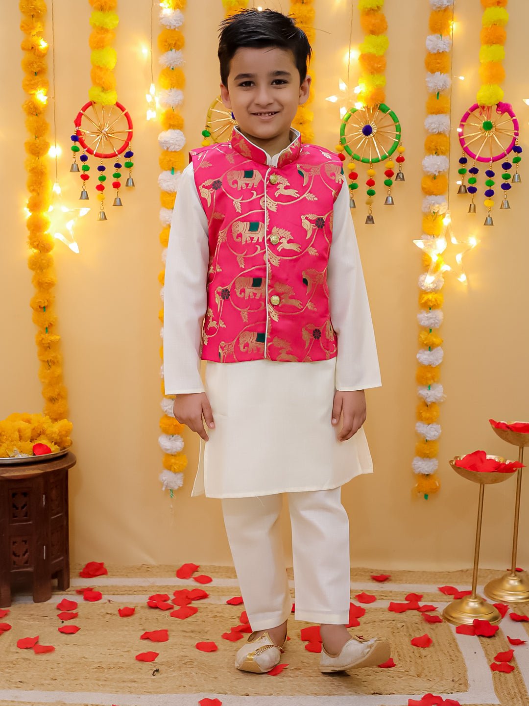 Fast Wear Pure Cotton Kurta Pajama with Jacquard Jacket Set for Boys