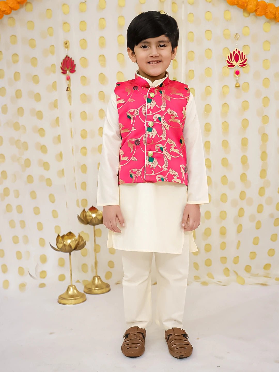Fast Wear Pure Cotton Kurta Pajama with Jacquard Jacket Set for Boys