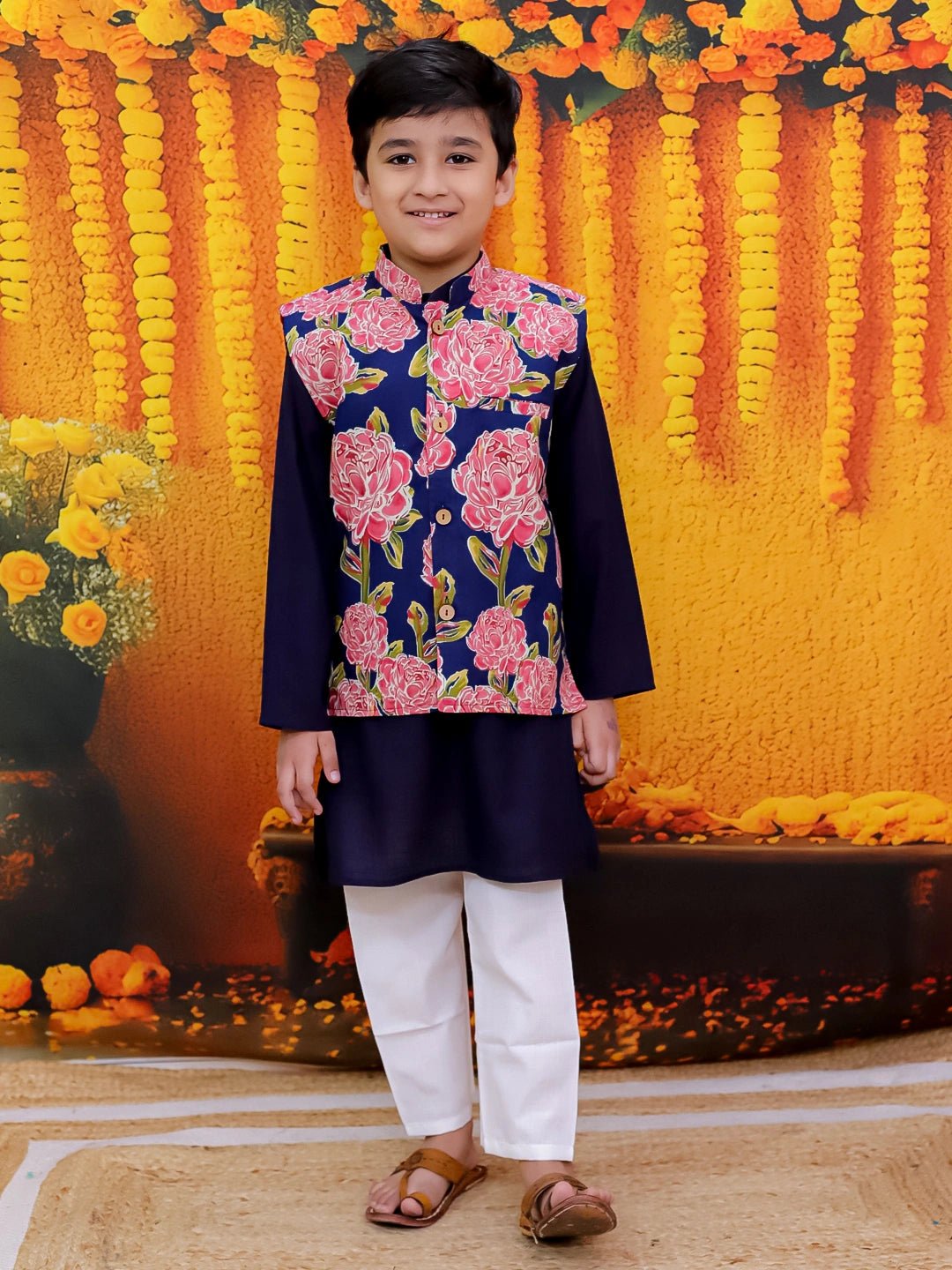 Fast Wear Pure Cotton Printed Jacket Kurta Pajama Set for Boys