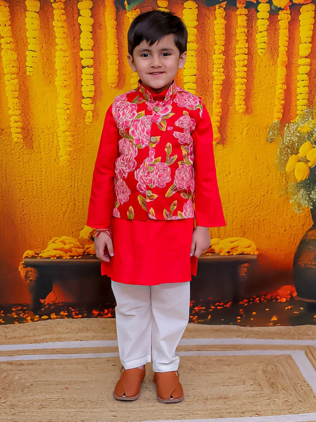 Fast Wear Pure Cotton Printed Jacket Kurta Pajama Set for Boys