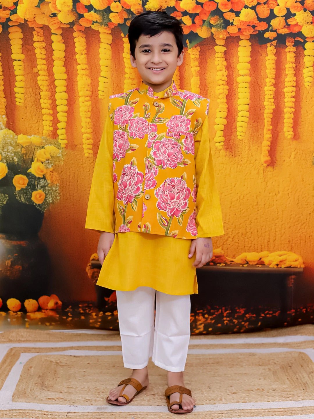 Fast Wear Pure Cotton Printed Jacket Kurta Pajama Set for Boys