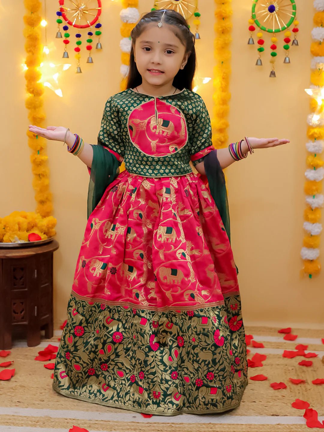 Fast Wear Jacquard Lehenga with Patch Choli and Dupatta Set for Girls