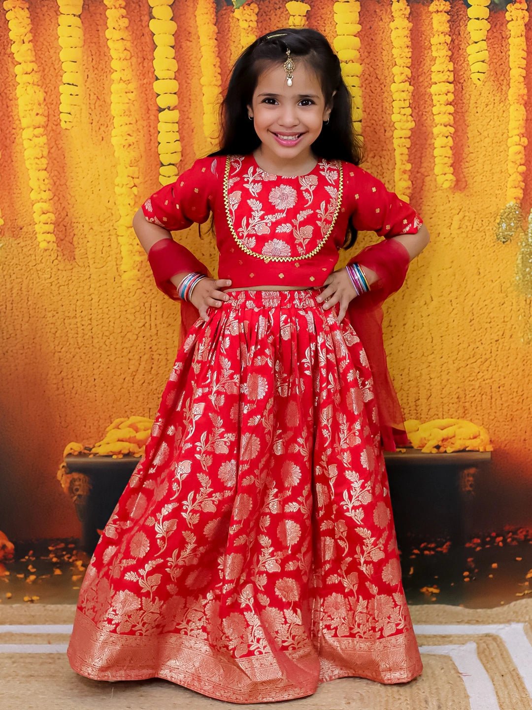 Fast Wear Jacquard Lehenga with Patch Choli and Dupatta Set for Girls