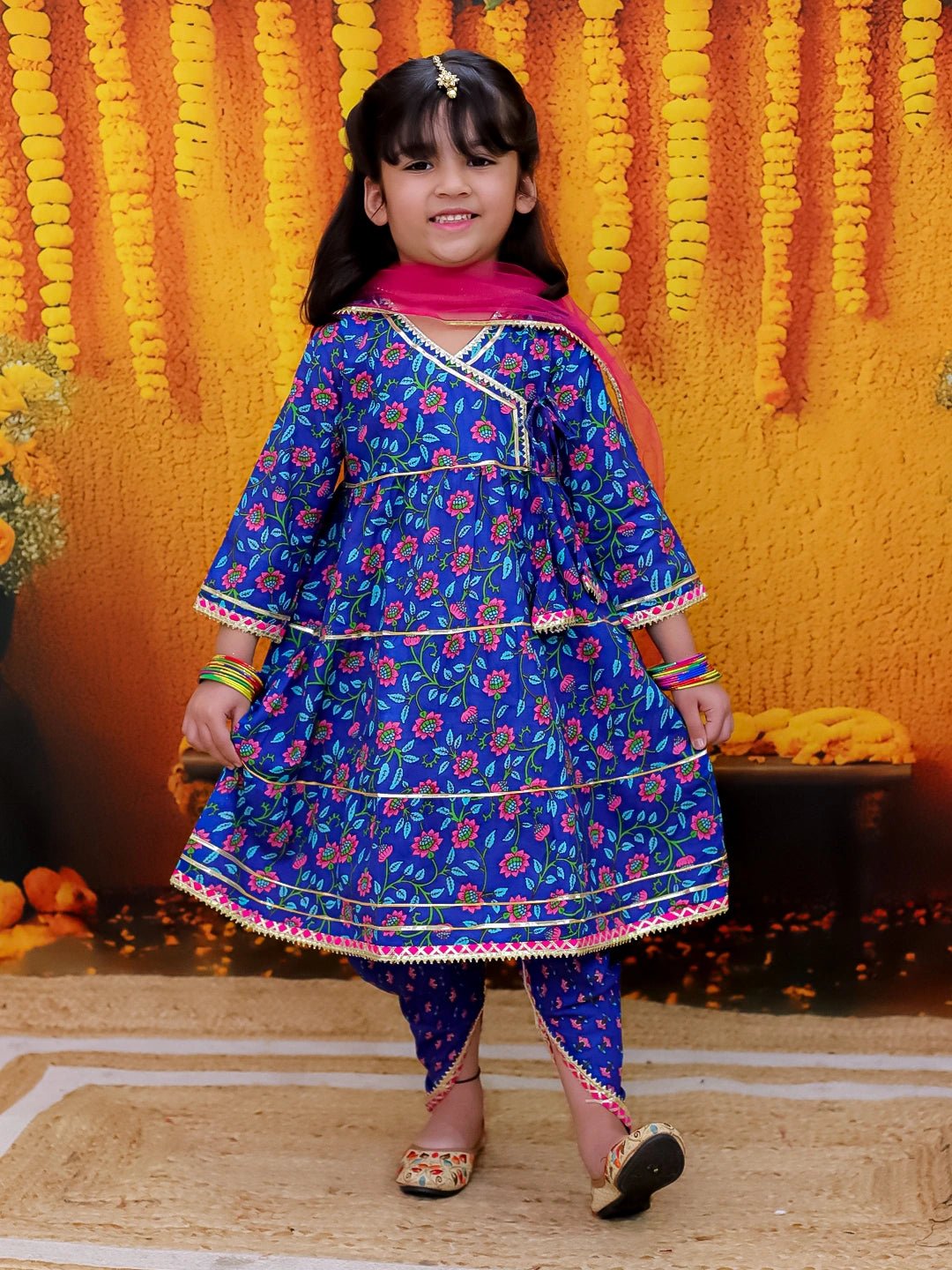 Fast Wear 3/4th Sleeve Pure Cotton Printed Suit Set with Dupatta For Girls