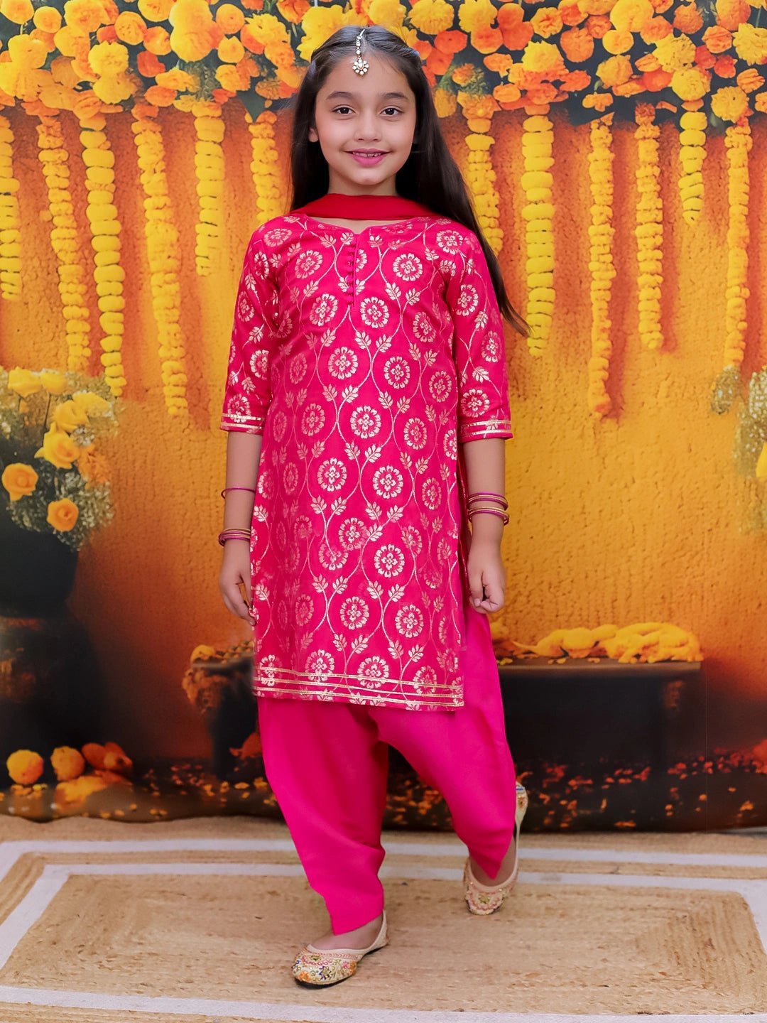 Fast Wear 3/4th Sleeve Chanderi Jacquard Kurti Salwar with Dupatta For Girls