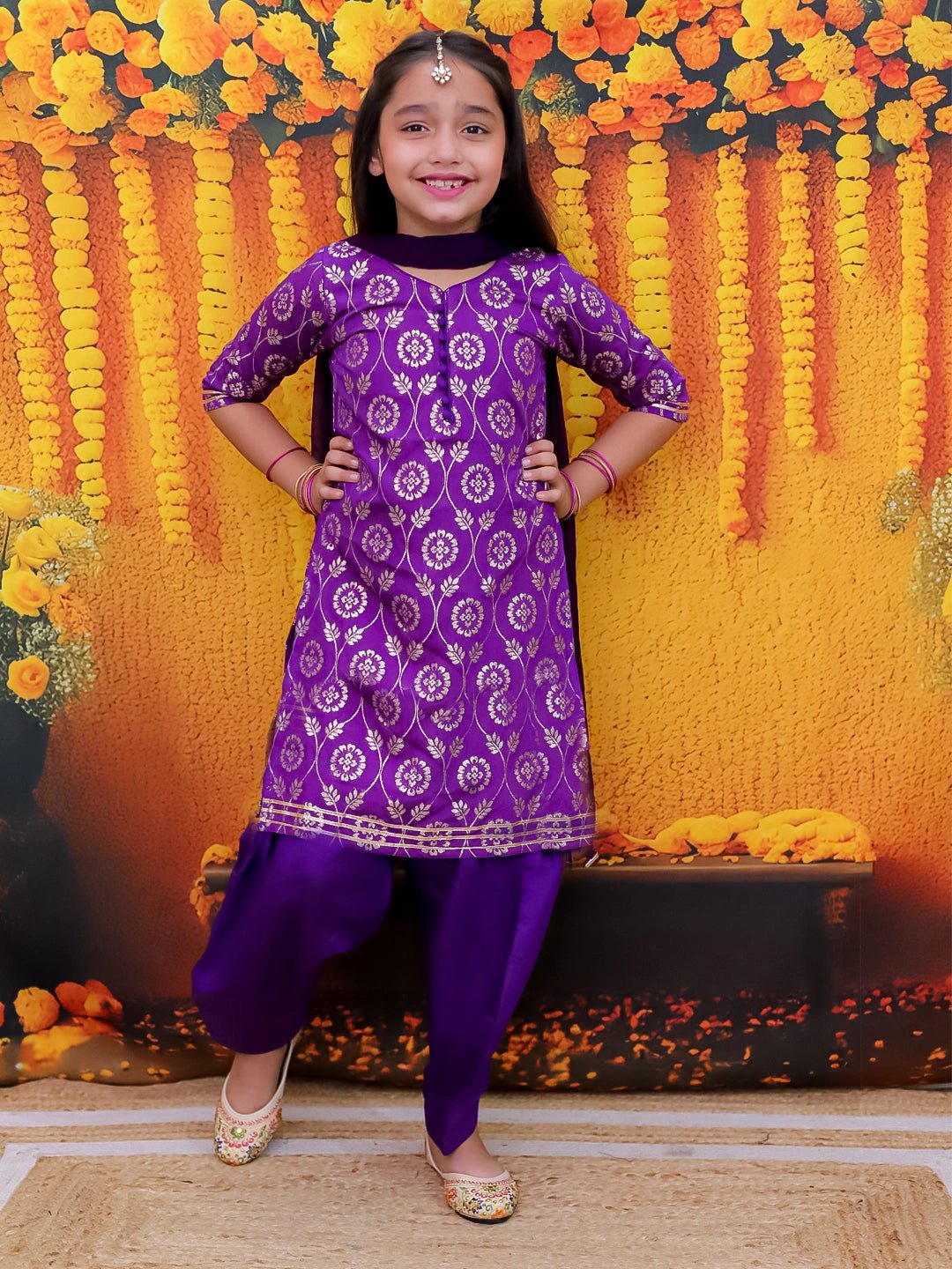 Fast Wear Chanderi Elbow Sleeves Salwar Suit With Dupatta Set For Girls