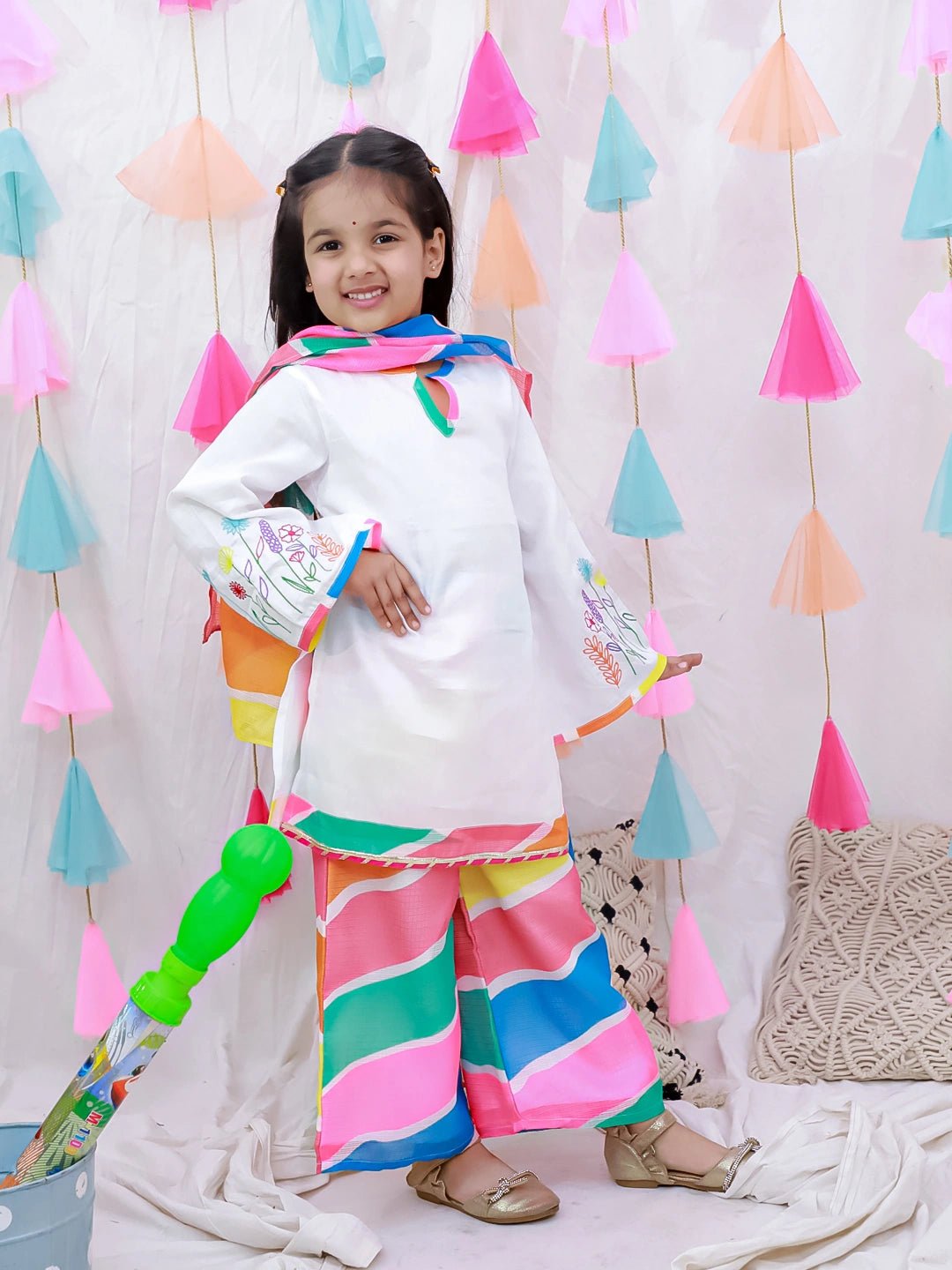 Fast Wear Embroidered Quater Sleeves Suit Set With Dupatta For Girls