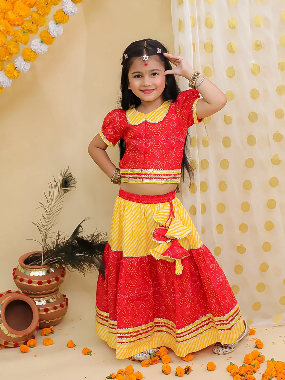 Fast Wear Bandhani Pure Cotton Short Sleeves Lehenga Choli Set For Girls