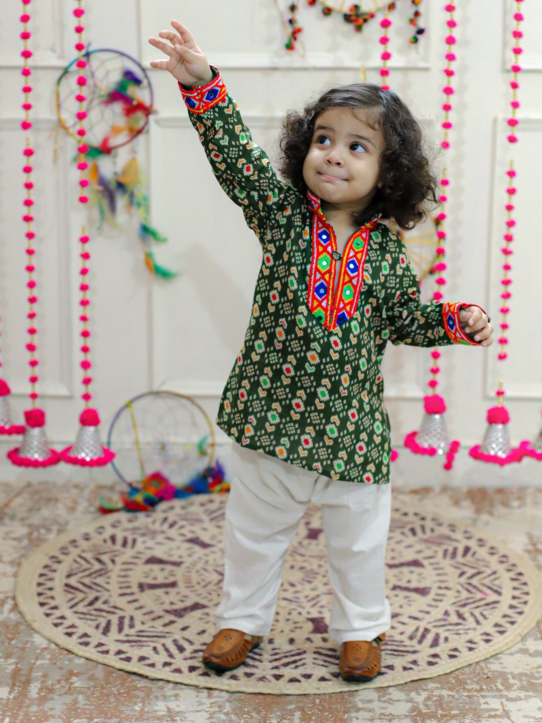 Fast Wear Kids Boys Navratri Dandiya  Garba  Embroidered Printed Cotton Kurta with Cotton Pajama