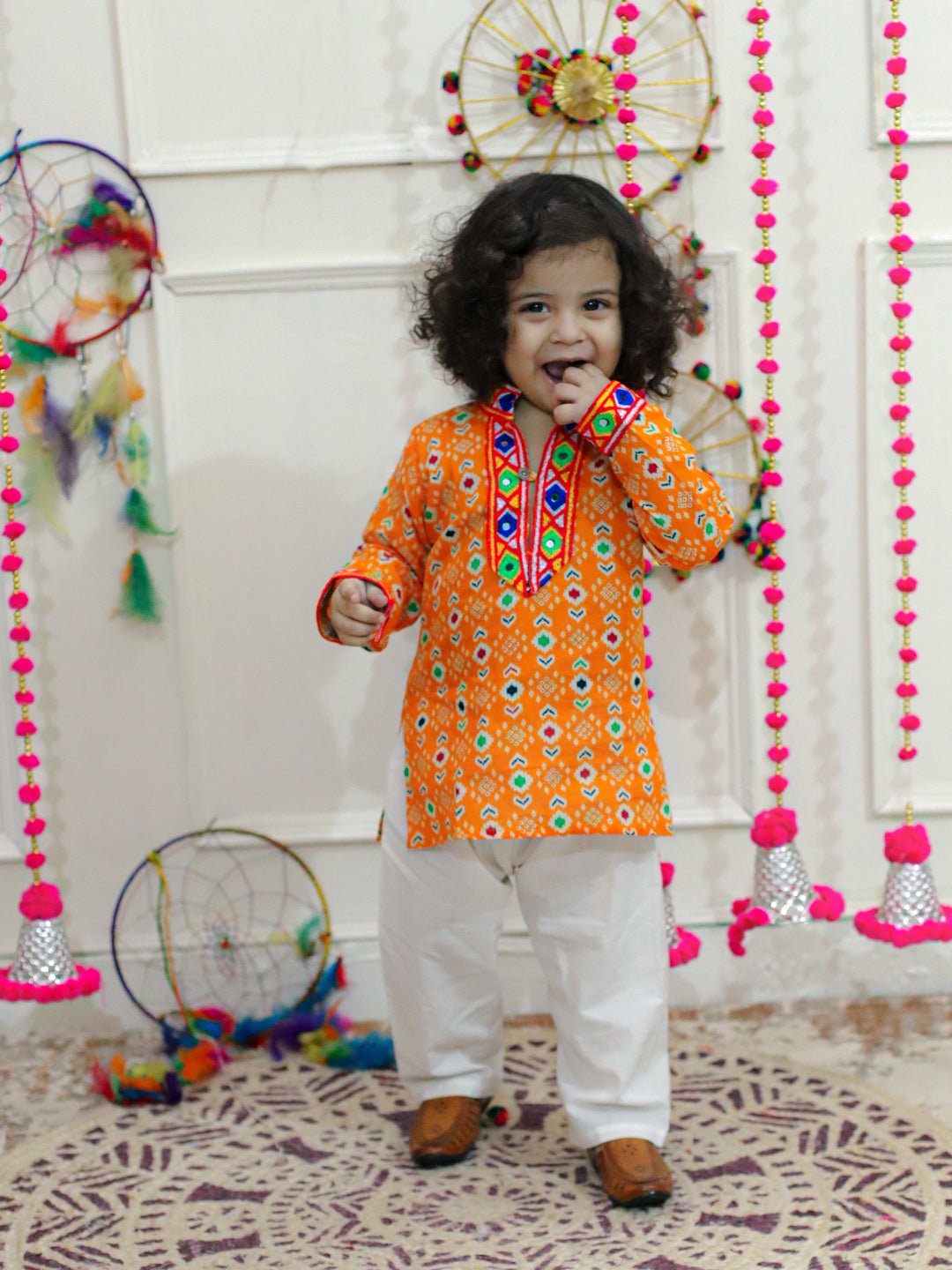Fast Wear Kids Boys Navratri Dandiya  Garba  Embroidered Printed Cotton Kurta with Cotton Pajama
