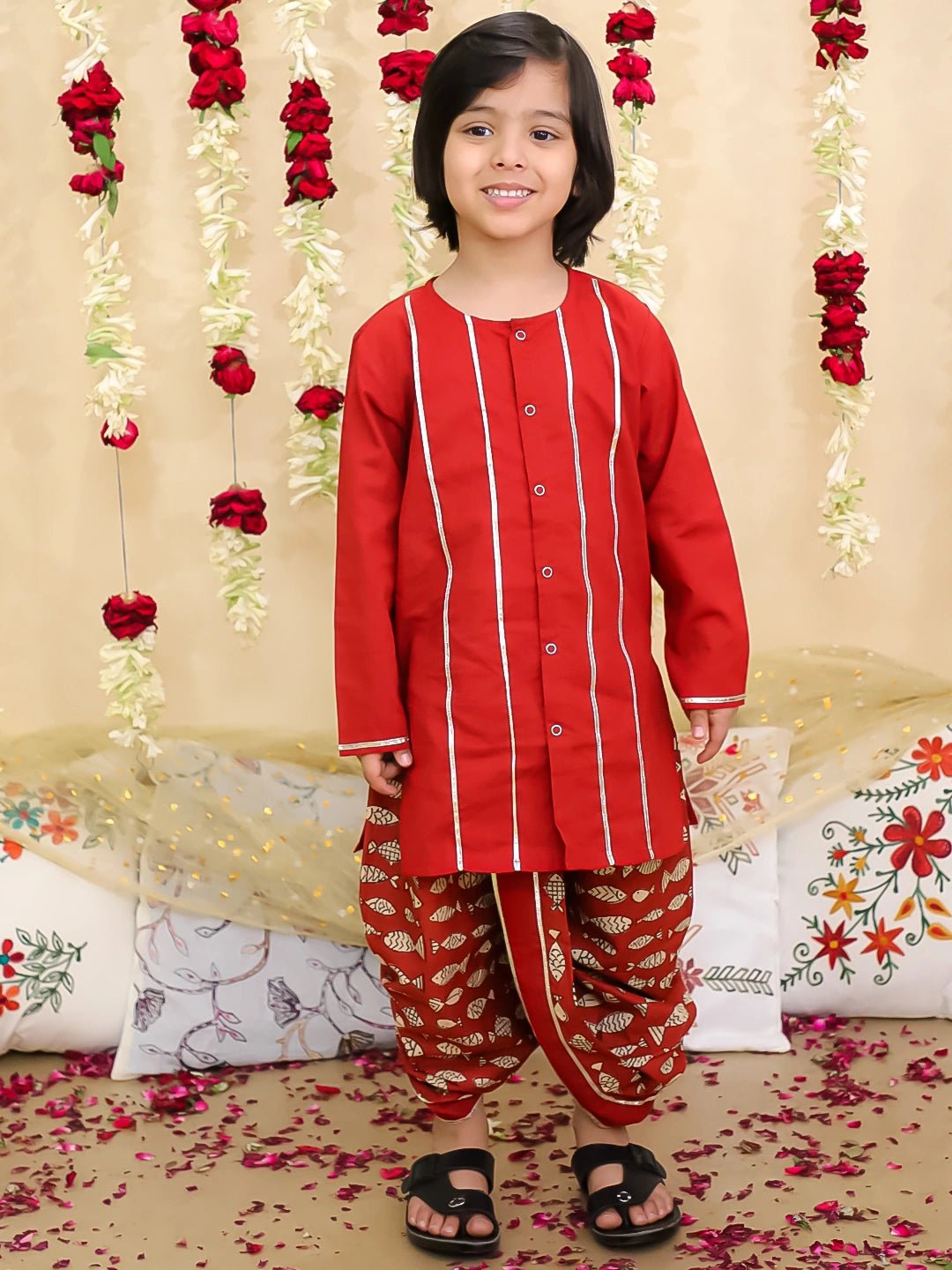 Fast Wear Festive Full Sleeves  Cotton Dhoti Kurta Set For Boys