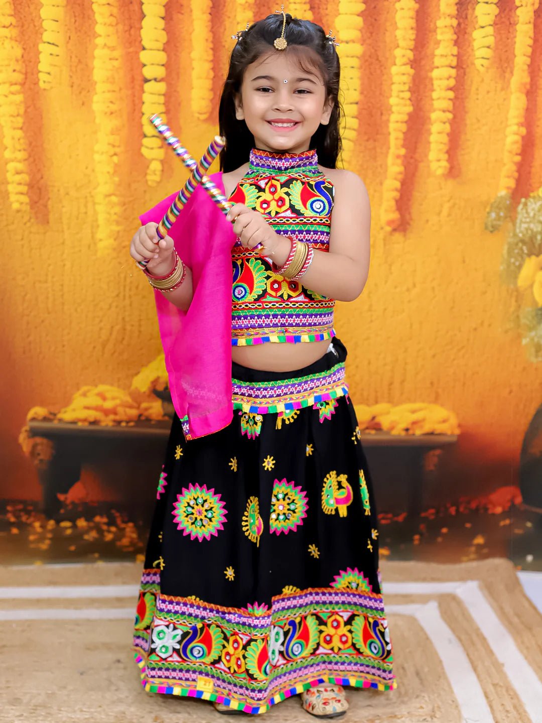 Fast Wear Embroidered Printed Cotton Chaniya Choli Dupatta  Set For Girls