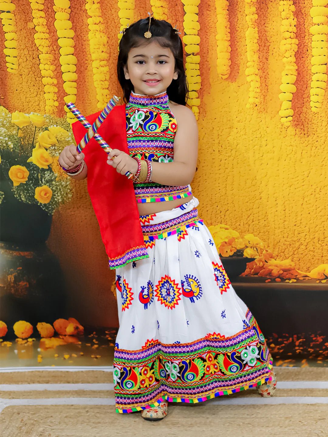 Fast Wear Embroidered Printed Cotton Chaniya Choli Dupatta Set For Girls