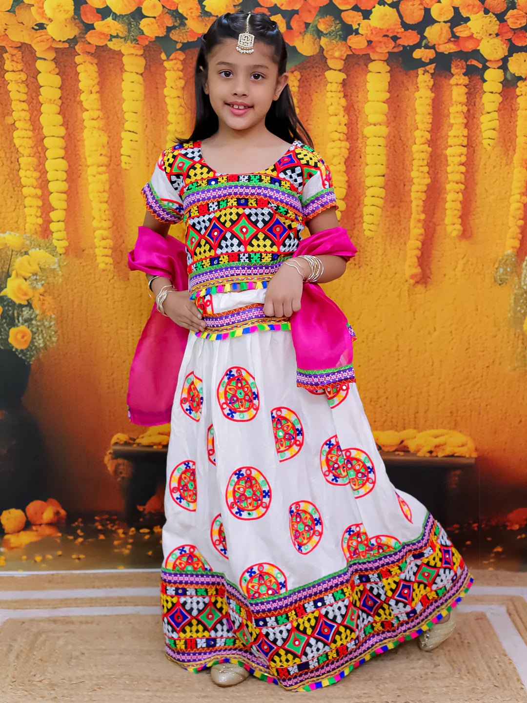 Fast Wear Embroidered Printed Cotton Chaniya Choli Dupatta  Set For Girls