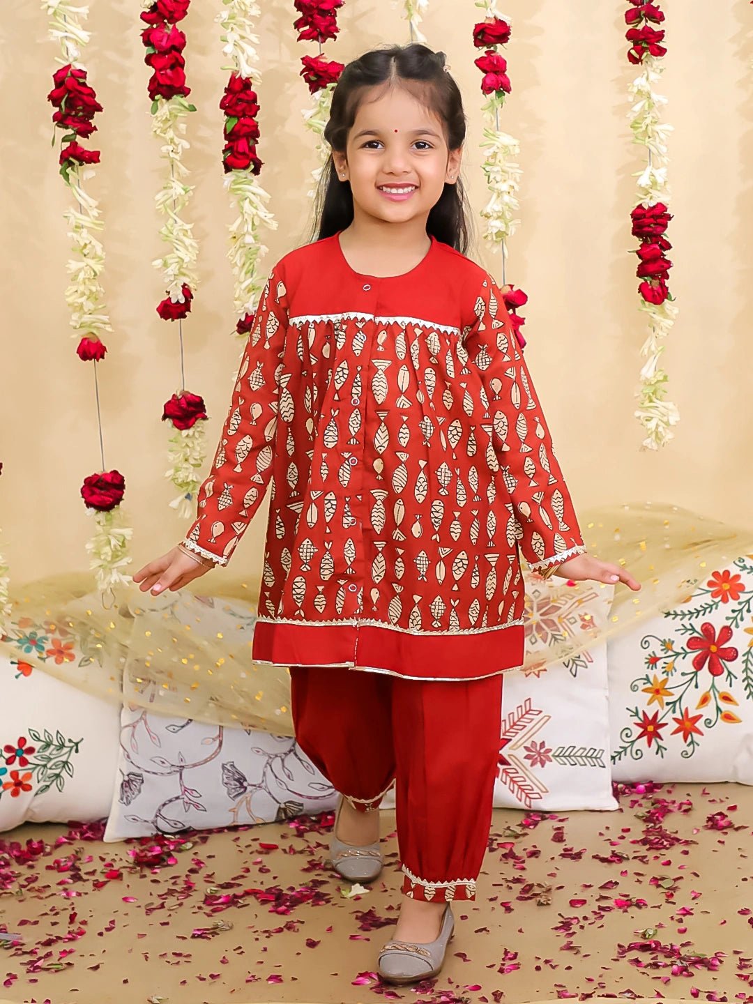 Fast Wear Festive Full Sleeves  Pure Cotton Suit Set For Girls