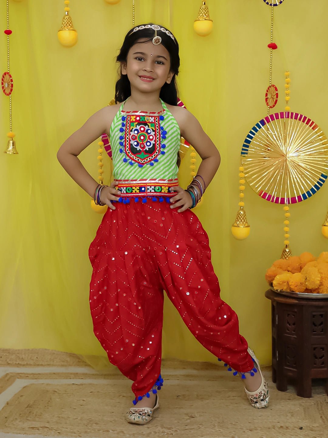 Fast Wear Pure Cotton Embroidered Choli With Mirror Work Dhoti For Girls