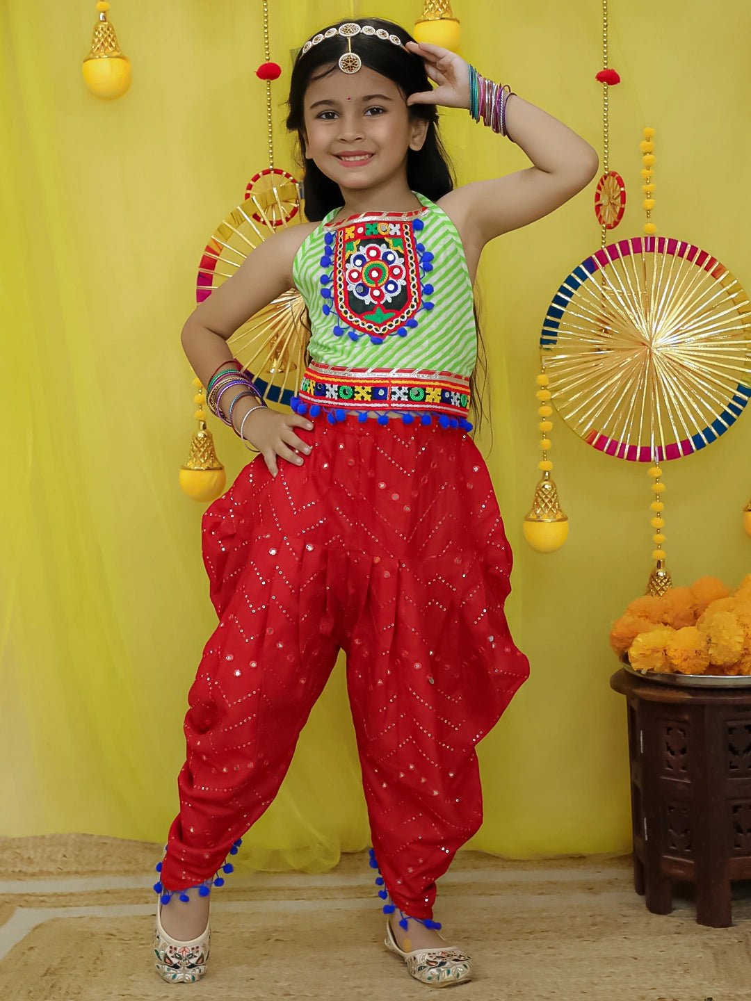 Fast Wear Pure Cottn Embroidered Choli With Mirror Work Dhoti For Girls