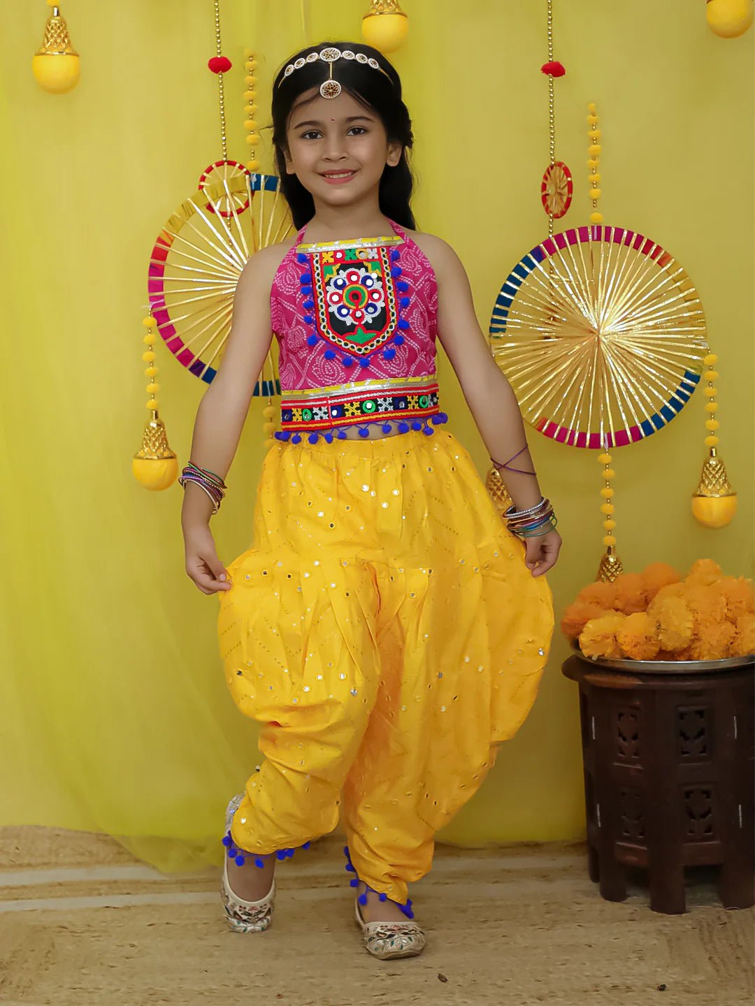 Fast Wear Pure Cottn Embroidered Choli With Mirror Work Dhoti For Girls