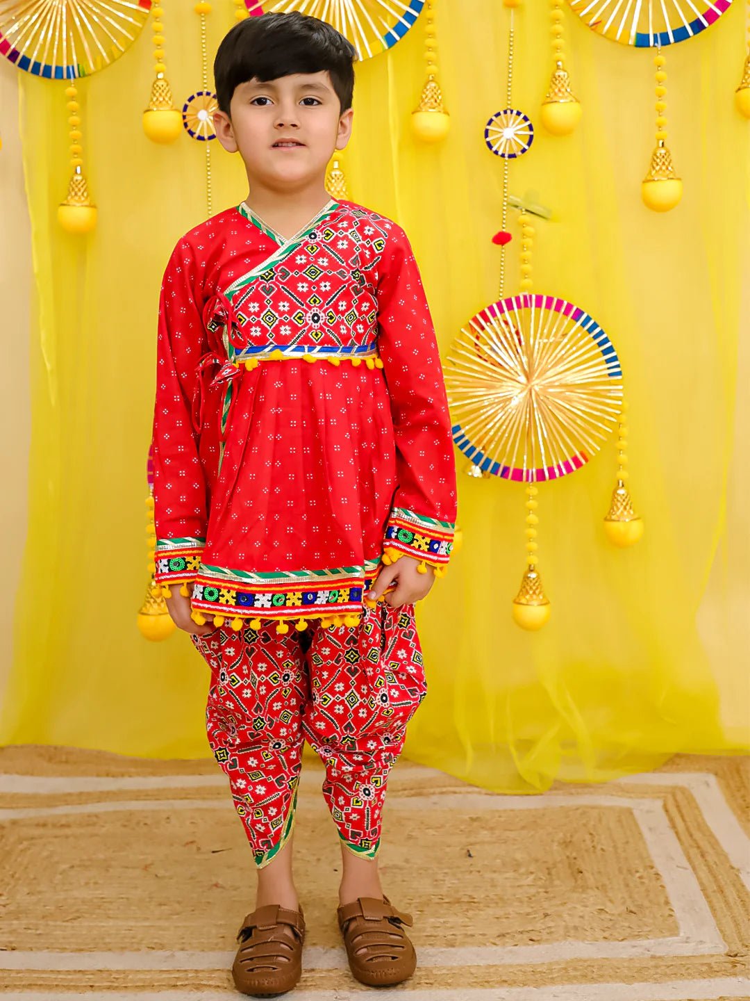 Fast Wear Pure Cotton Embroidered  Navratri Angarakha Style Kedia With Dhoti For Boys