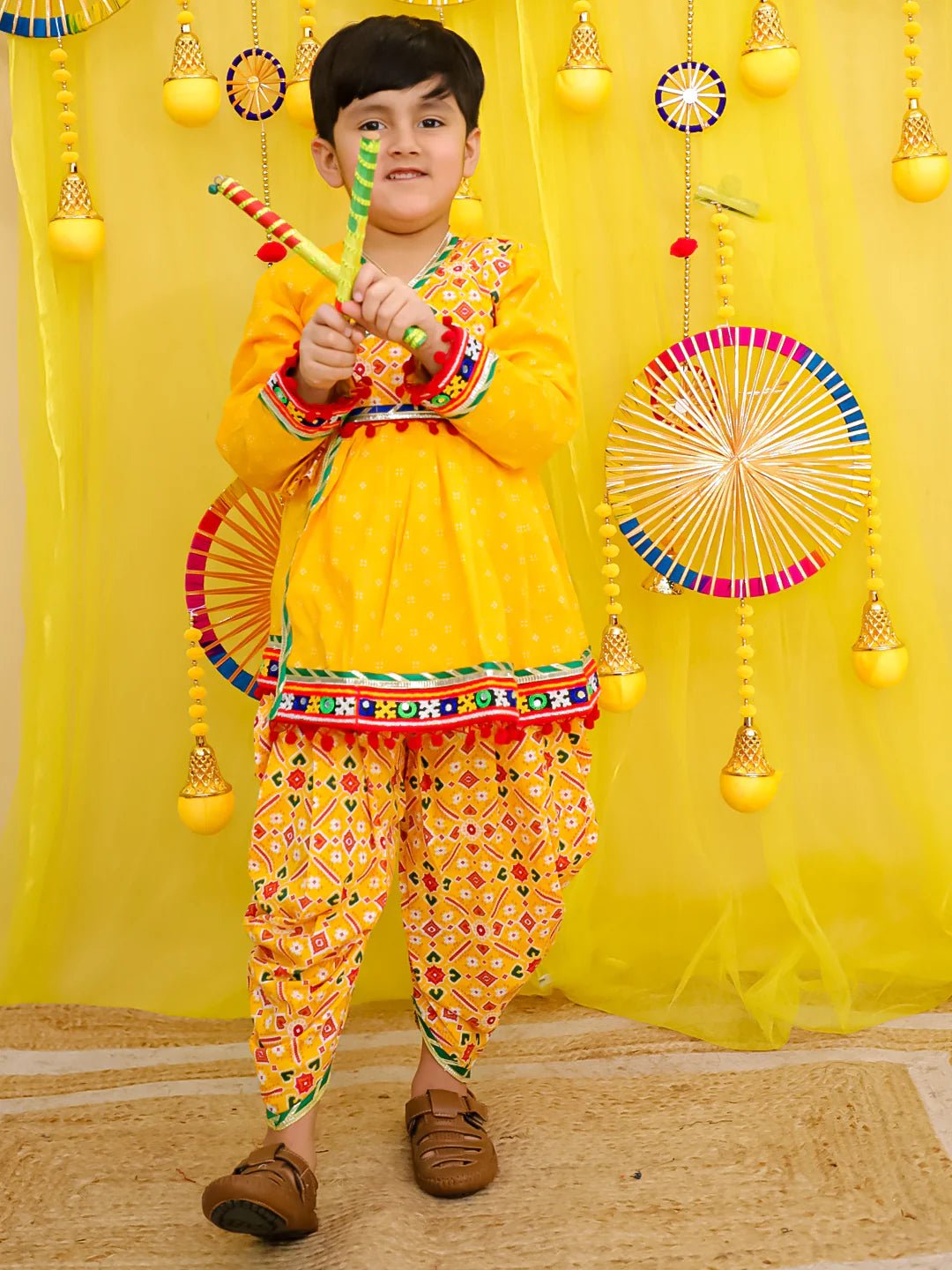 Fast Wear Pure Cotton Embroidered  Navratri Angarakha Style Kedia With Dhoti For Boys