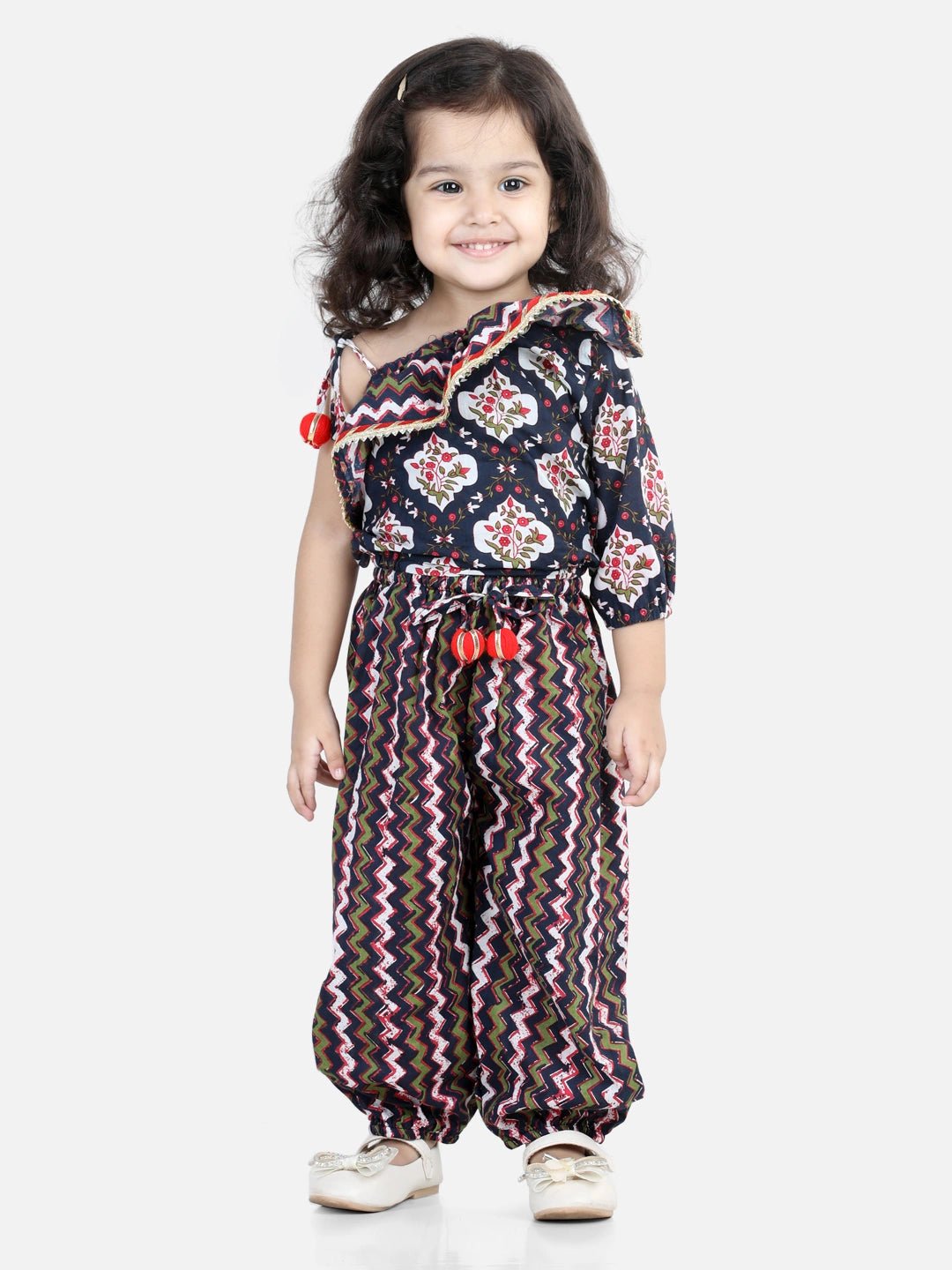 Fast Wear One Sleeve Ruffle Pure Cotton Top With Harem Pants