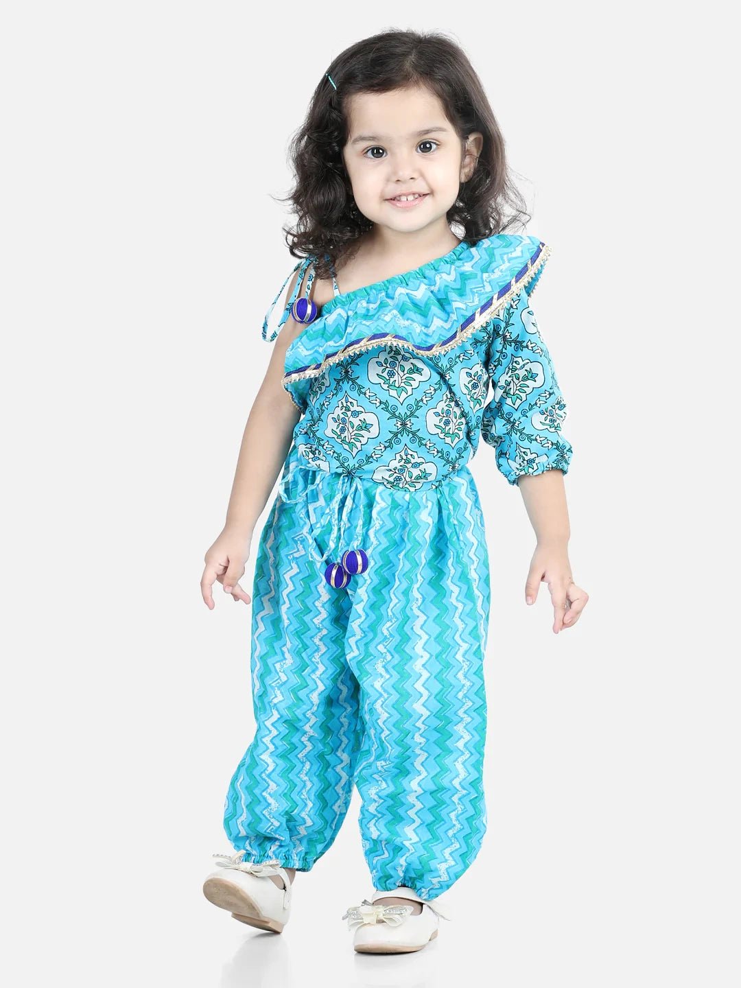 Fast Wear One Sleeve Ruffle Pure Cotton Top With Harem Pants