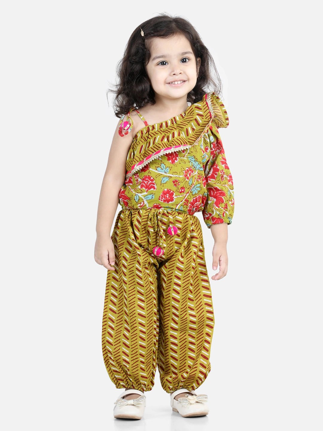 Fast Wear One Sleeve Ruffle Pure Cotton Top with Harem for Girls