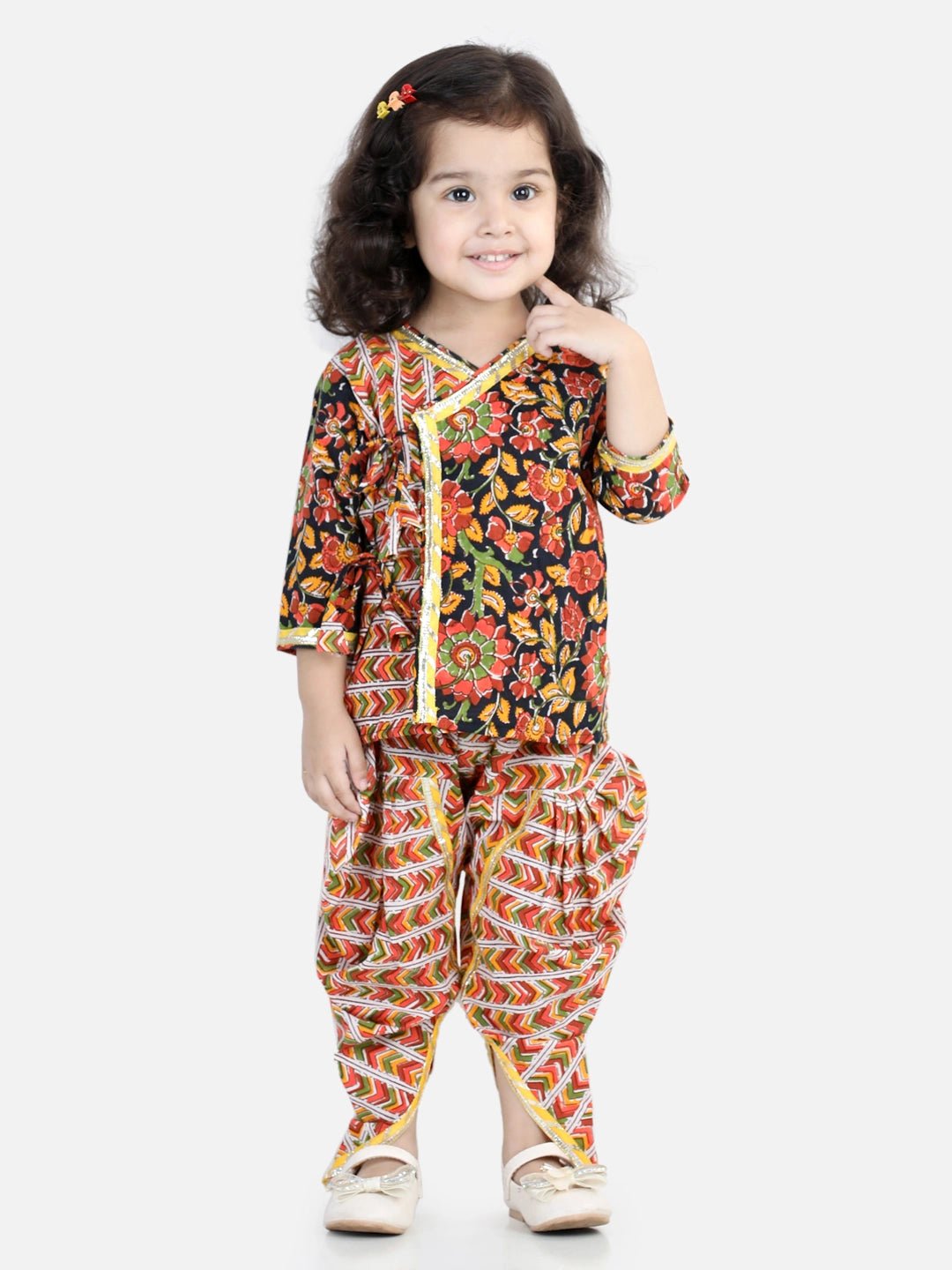 Fast Wear Front Open Pure Cotton Angrakha Top Dhoti for Girls